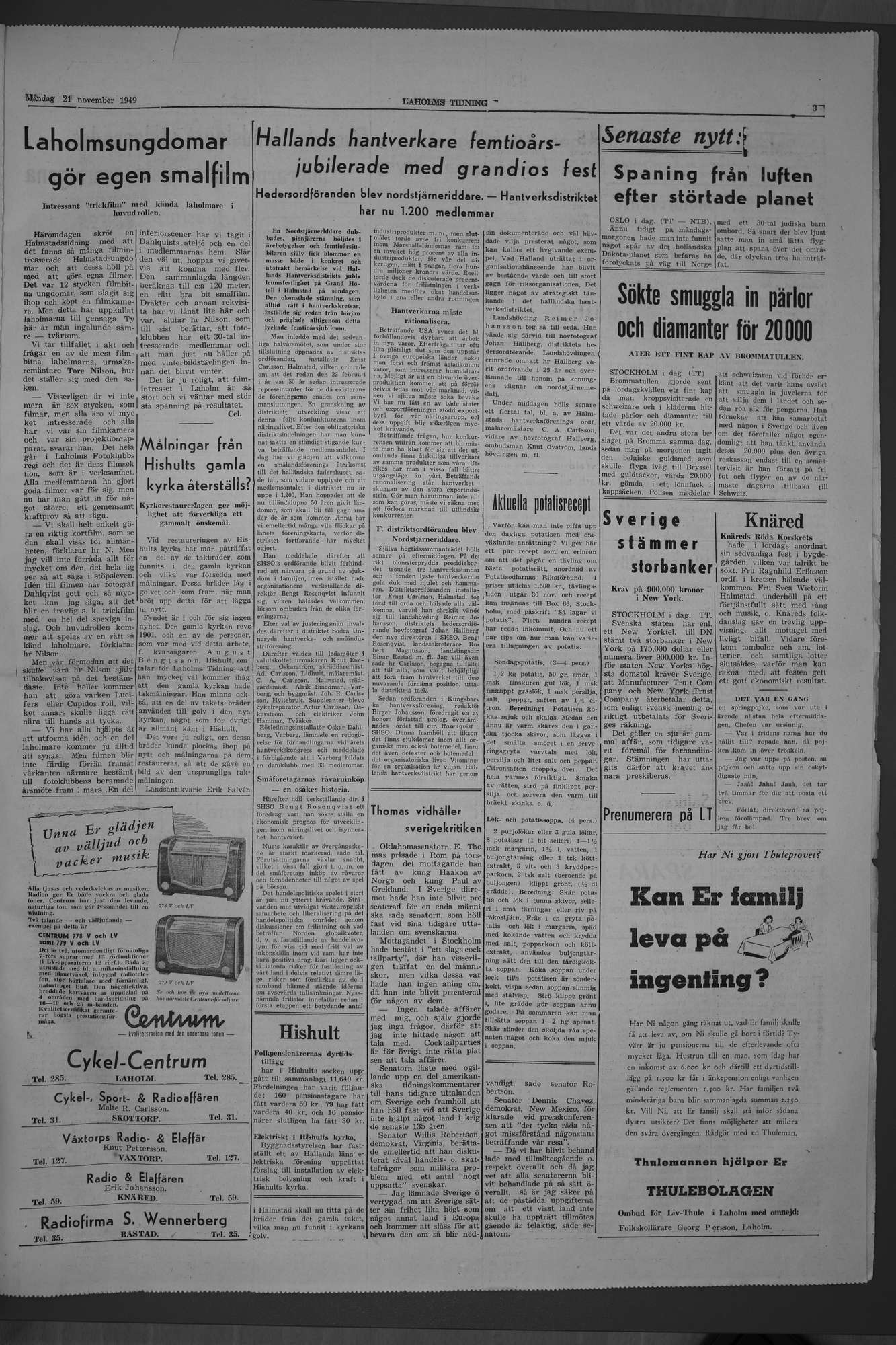 Laholms Tidning Måndag 21 november 1949, sida 3