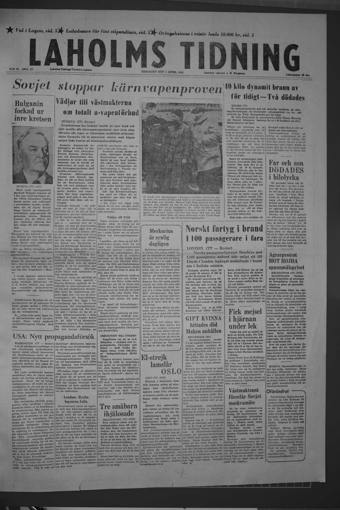 Laholms Tidning Tisdag 1 april 1958, sida 1