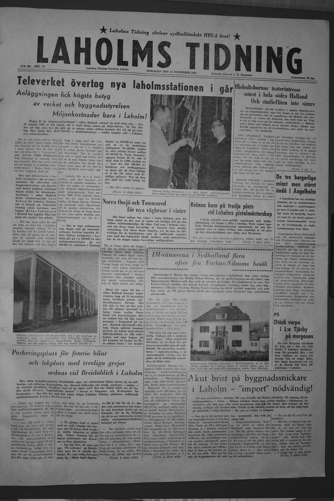 Laholms Tidning Tisdag 11 november 1958, sida 1