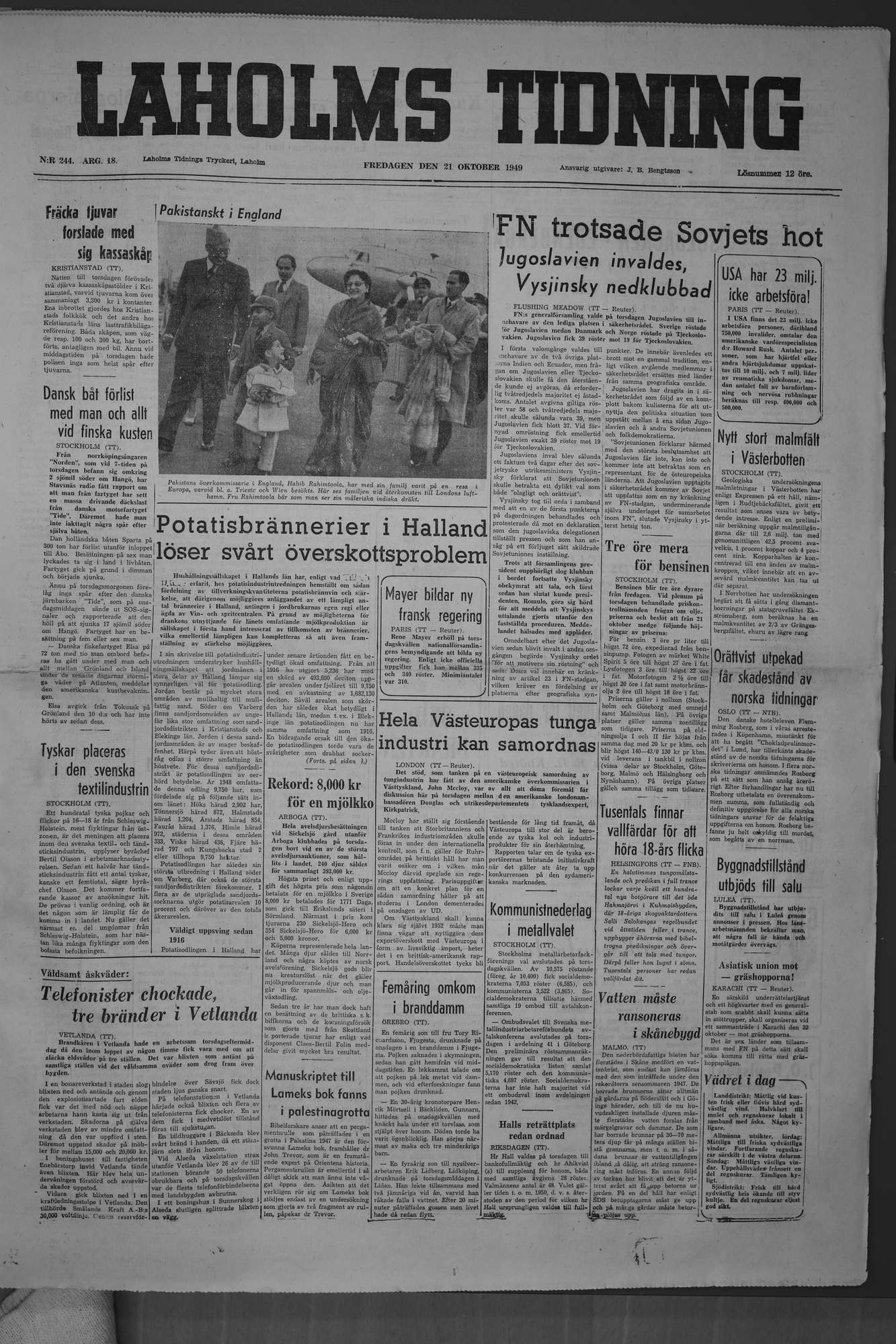 Laholms Tidning Fredag 21 oktober 1949, sida 1