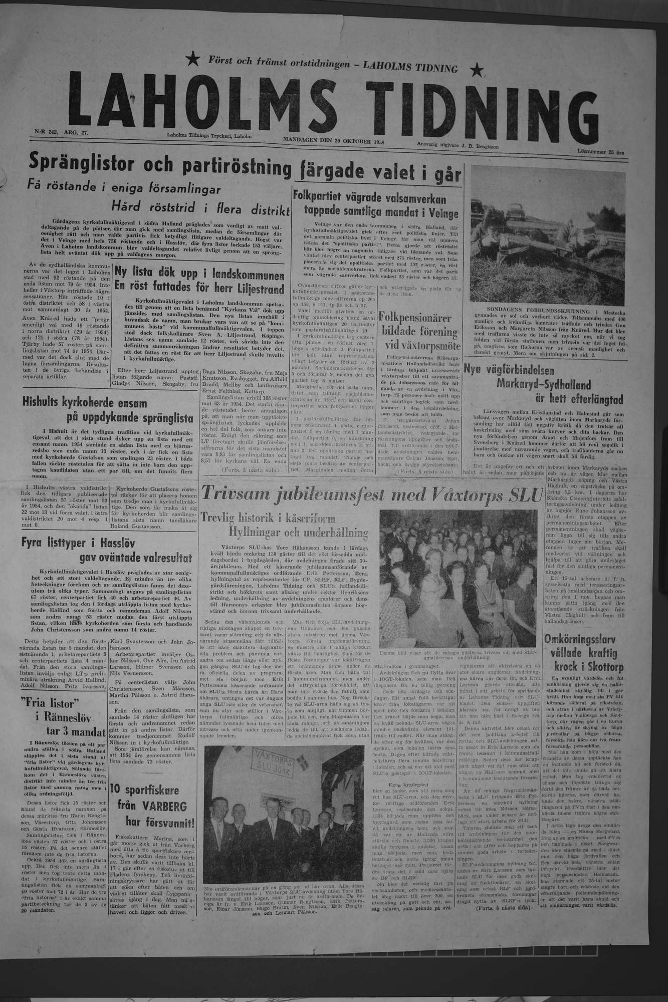 Laholms Tidning Måndag 20 oktober 1958, sida 1