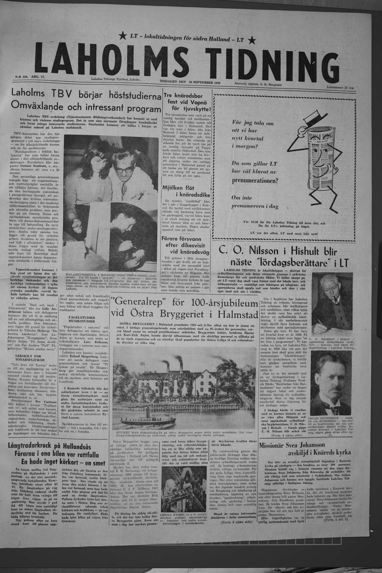 Laholms Tidning Tisdag 30 september 1958, sida 1