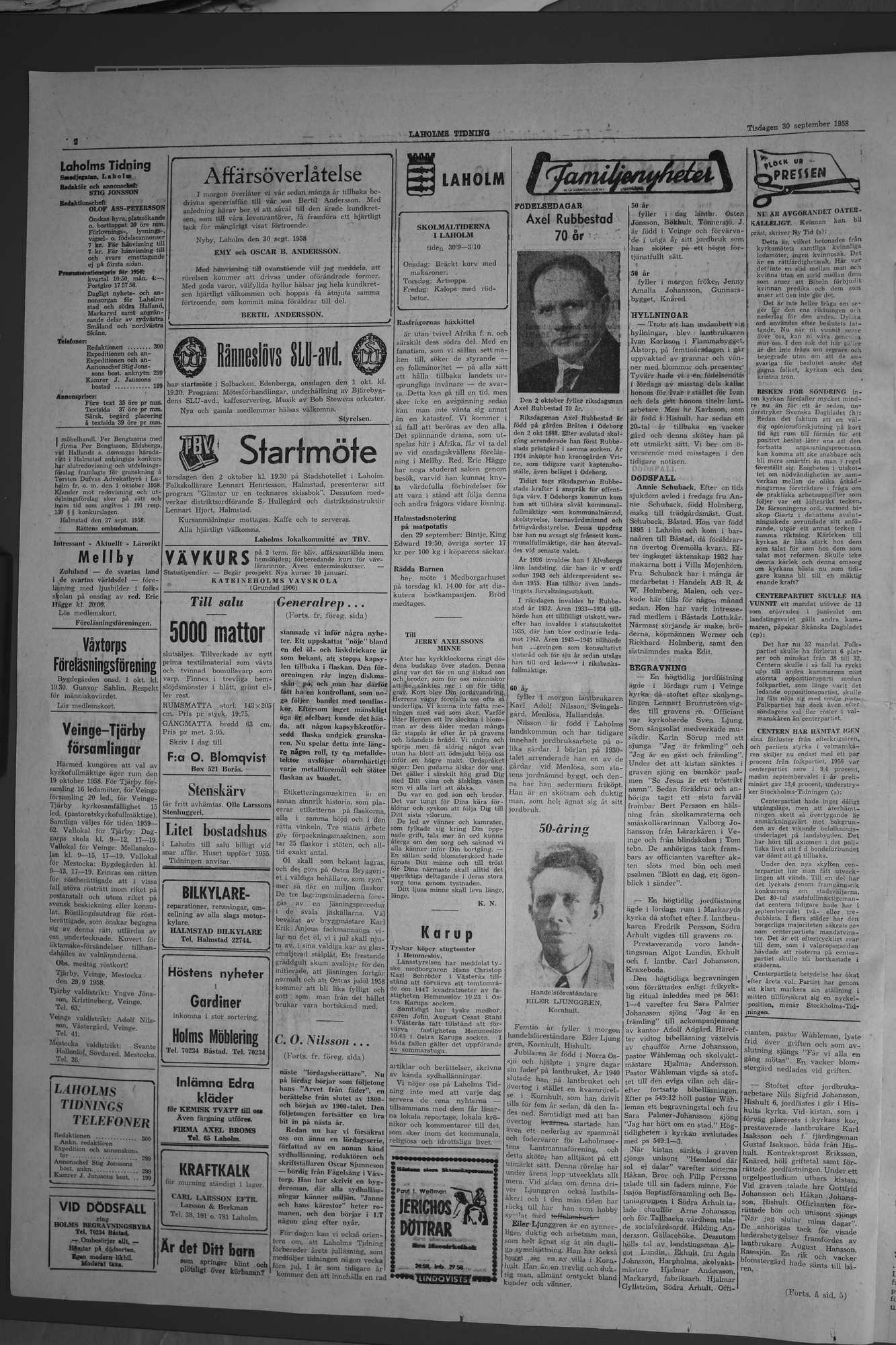 Laholms Tidning Tisdag 30 september 1958, sida 2
