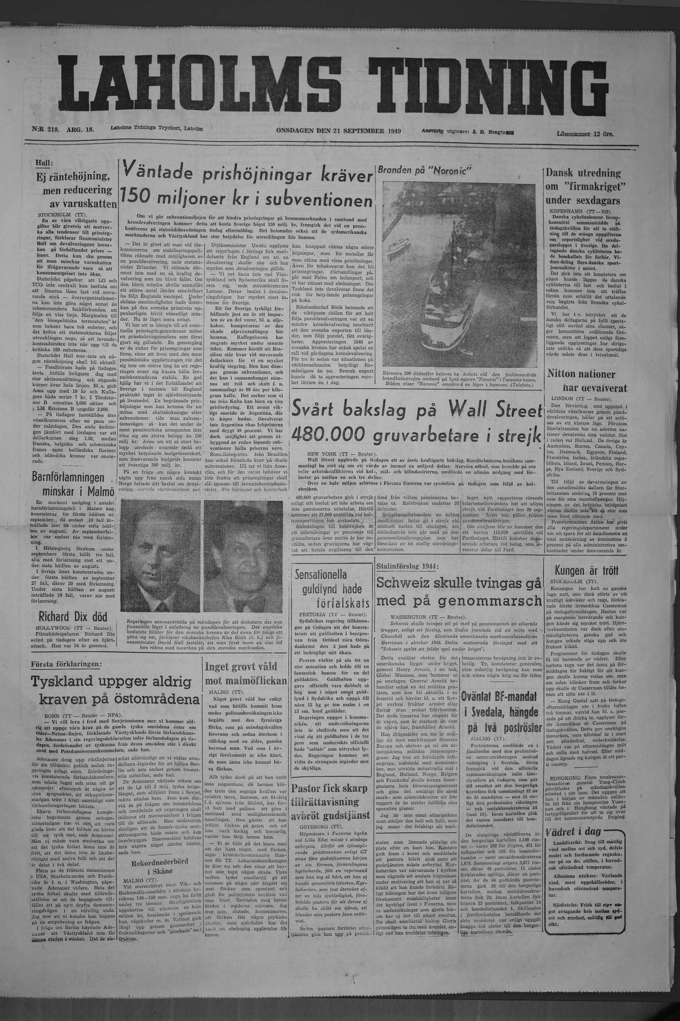Laholms Tidning Onsdag 21 september 1949, sida 1