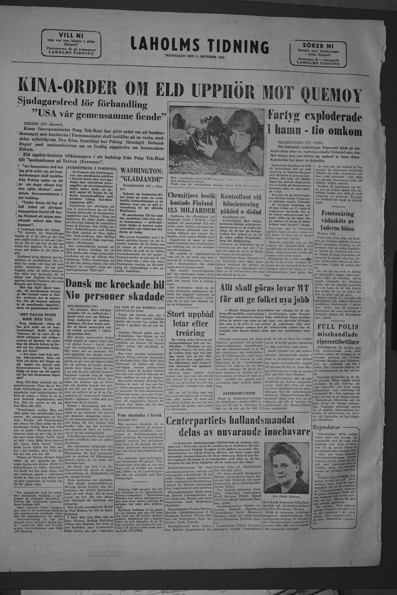 Laholms Tidning Måndag 6 oktober 1958, sida 8