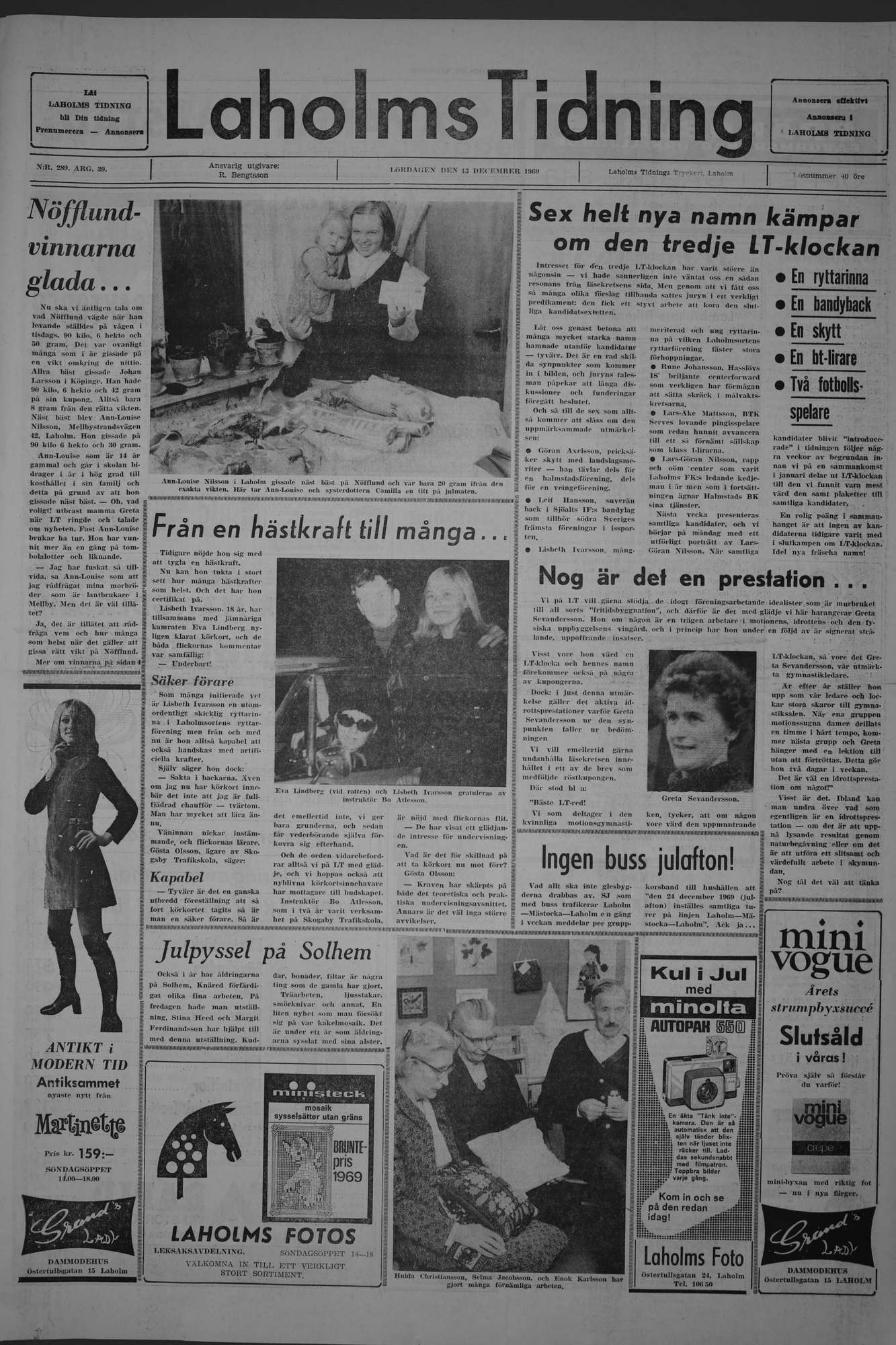 Laholms Tidning Lördag 13 december 1969, sida 1