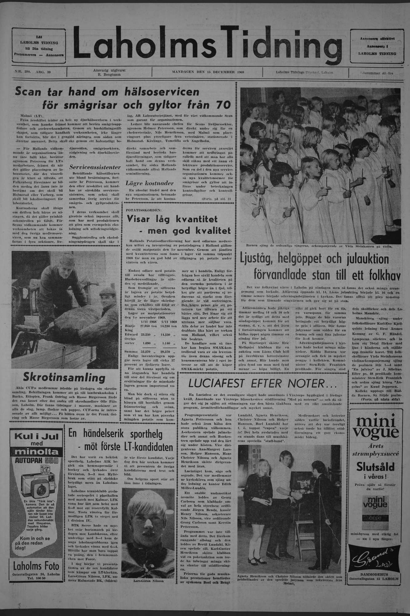 Laholms Tidning Måndag 15 december 1969, sida 1