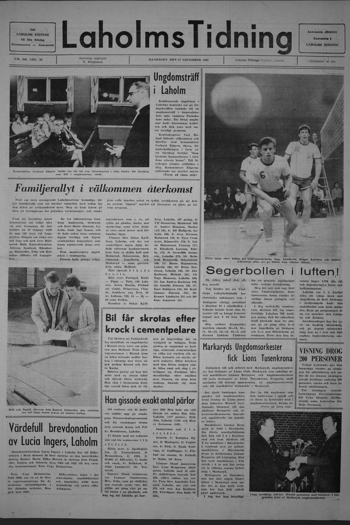 Laholms Tidning Måndag 17 november 1969, sida 1
