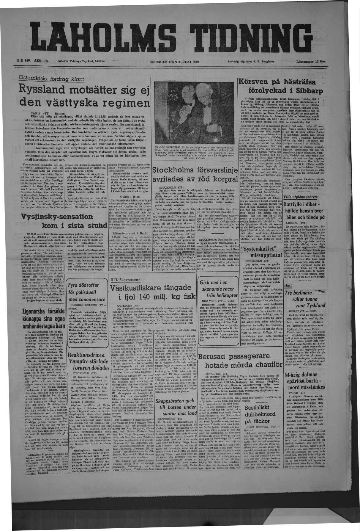 Laholms Tidning Tisdag 21 juni 1949, sida 1