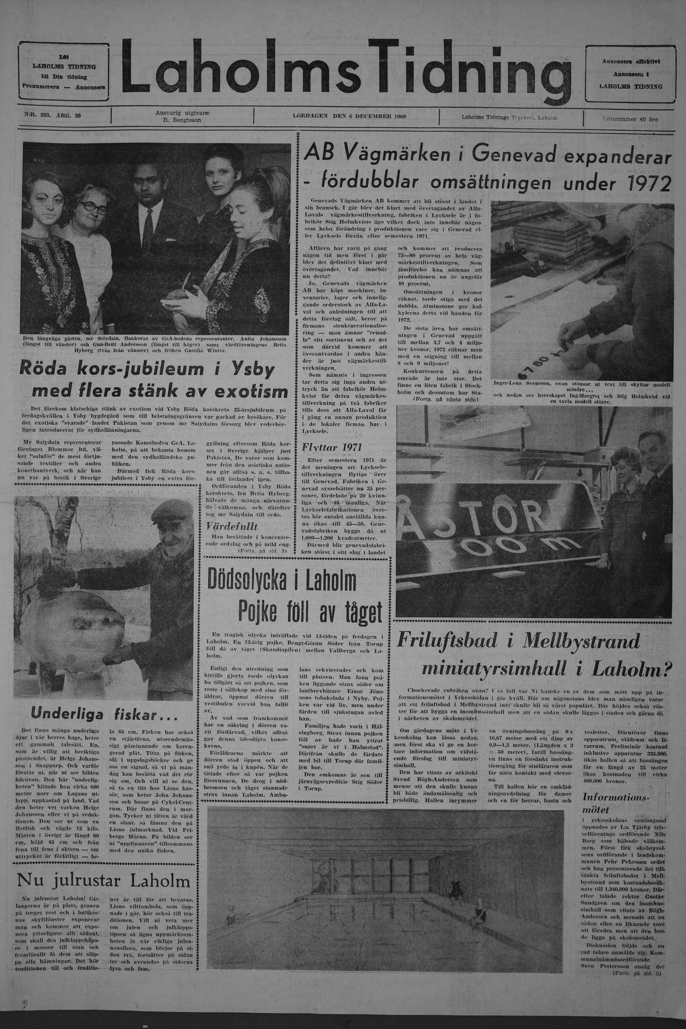 Laholms Tidning Lördag 6 december 1969, sida 1