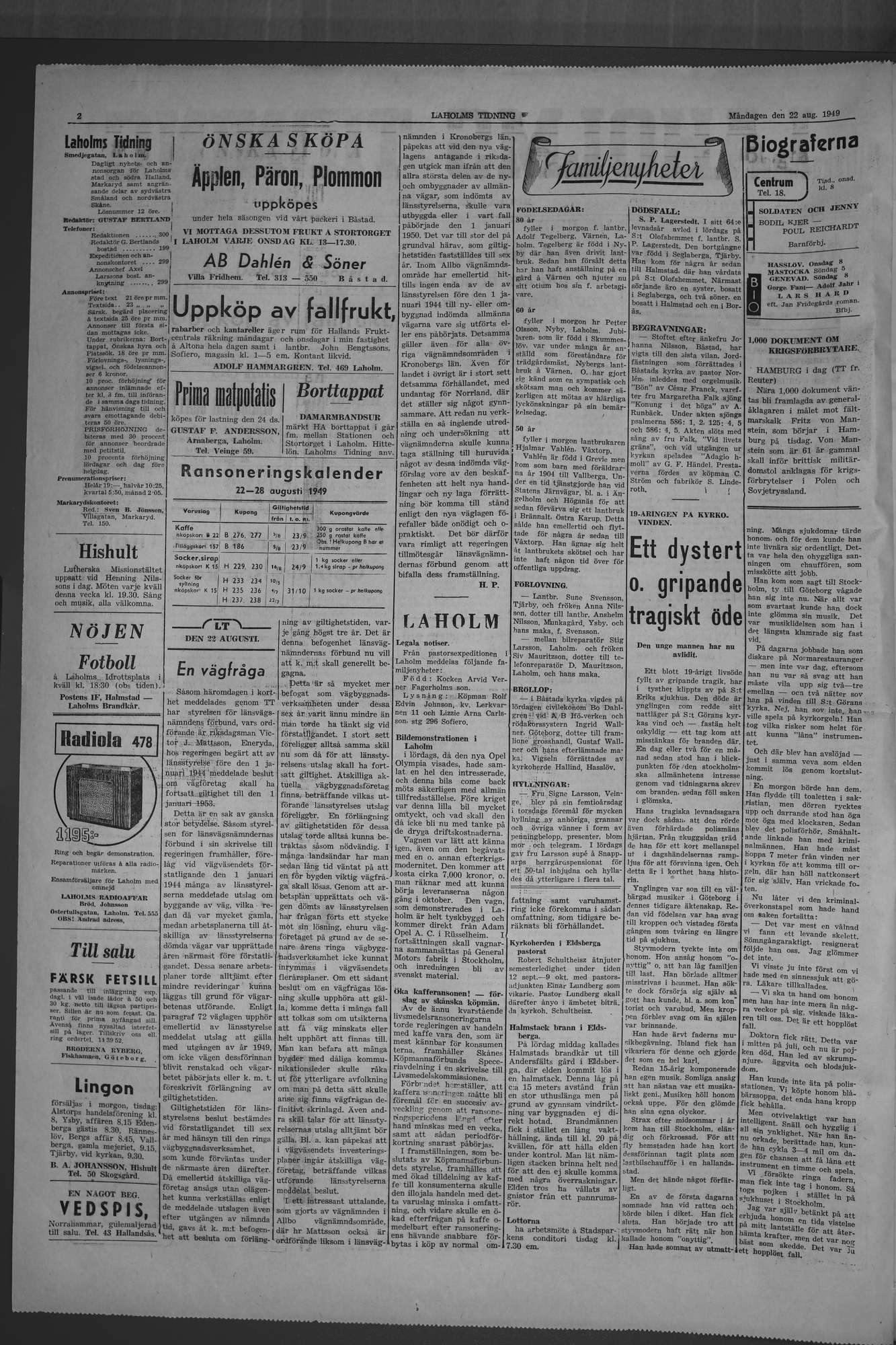 Laholms Tidning Måndag 22 augusti 1949, sida 2