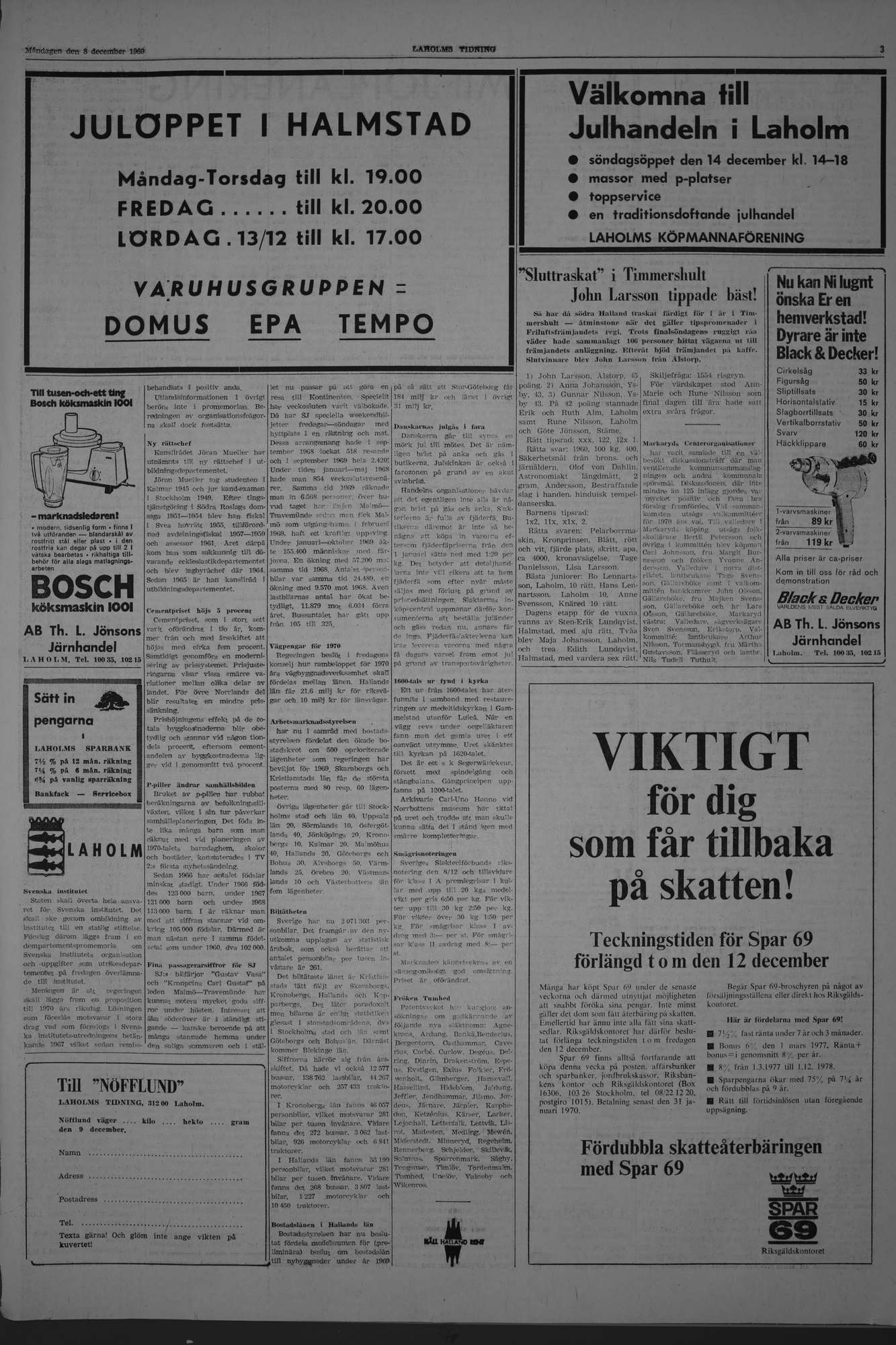 Laholms Tidning Måndag 8 december 1969, sida 3
