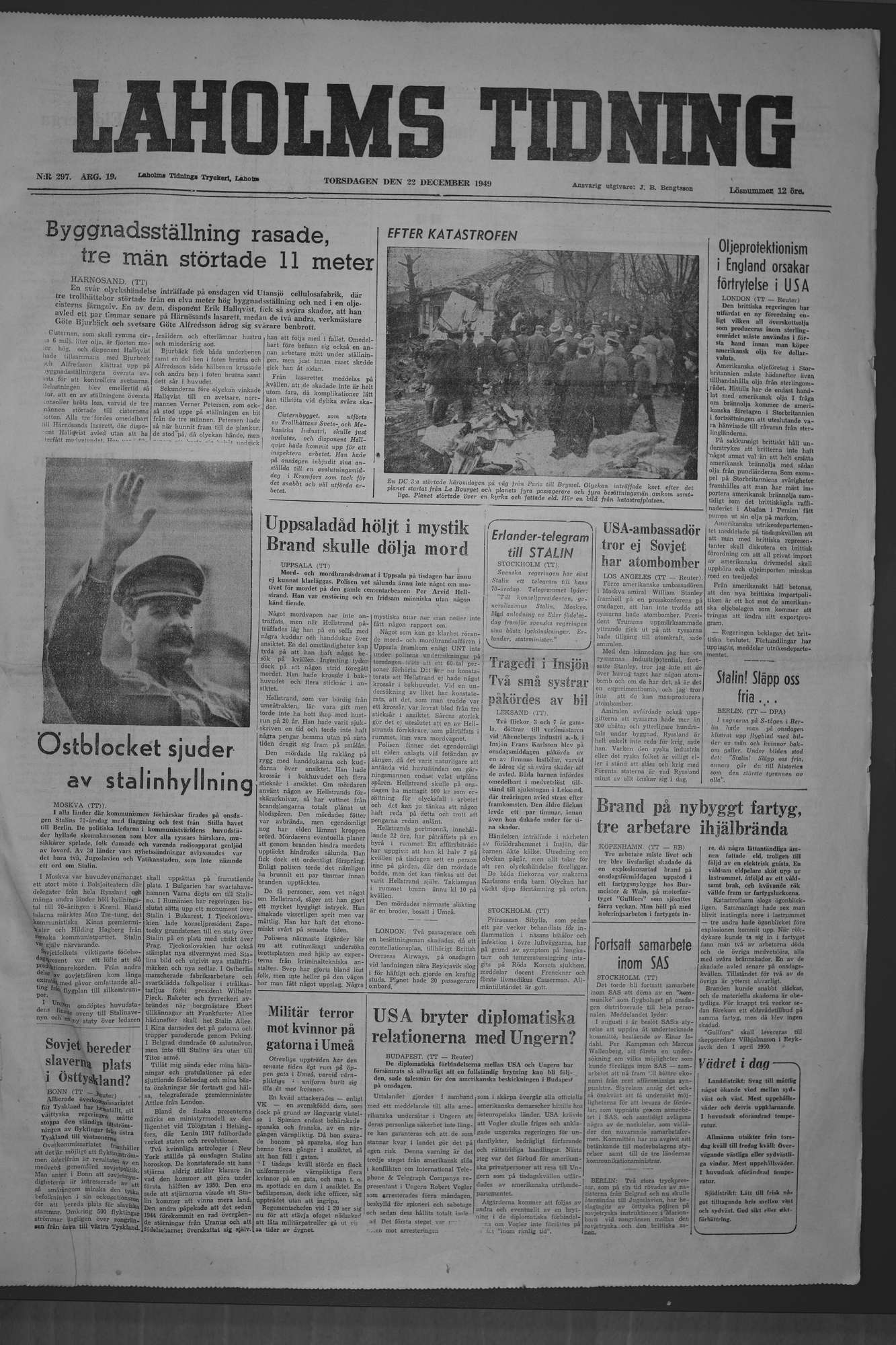 Laholms Tidning Torsdag 22 december 1949, sida 1
