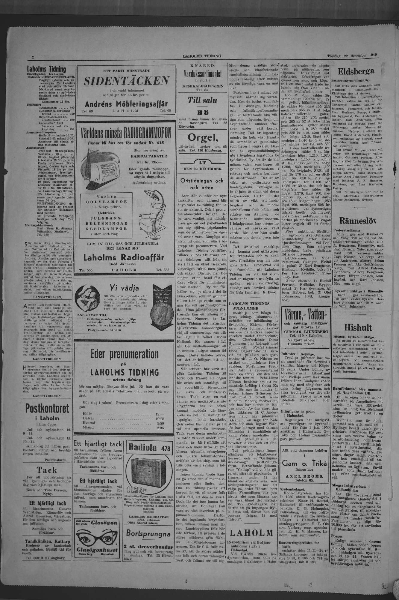 Laholms Tidning Torsdag 22 december 1949, sida 2