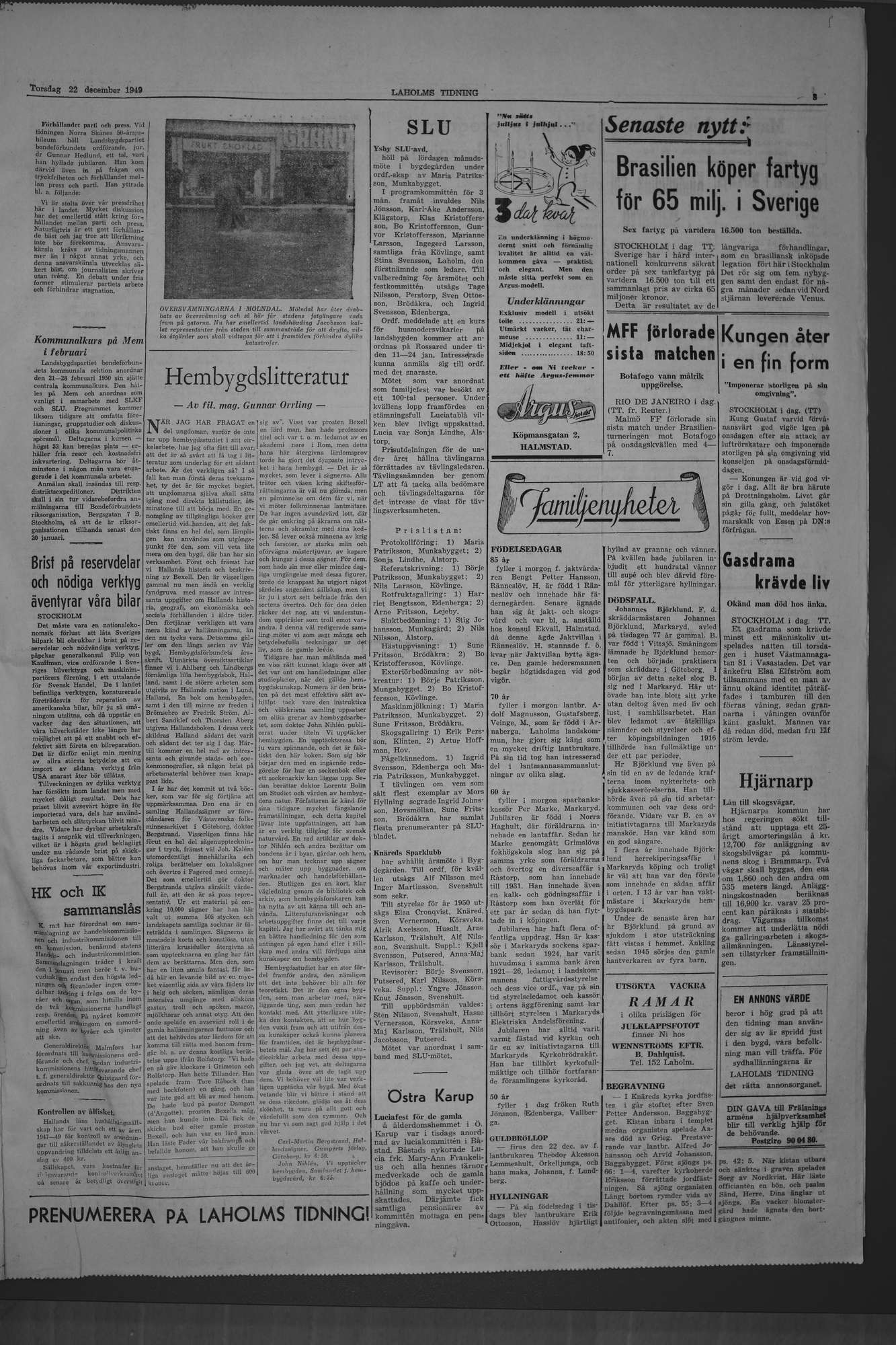 Laholms Tidning Torsdag 22 december 1949, sida 3