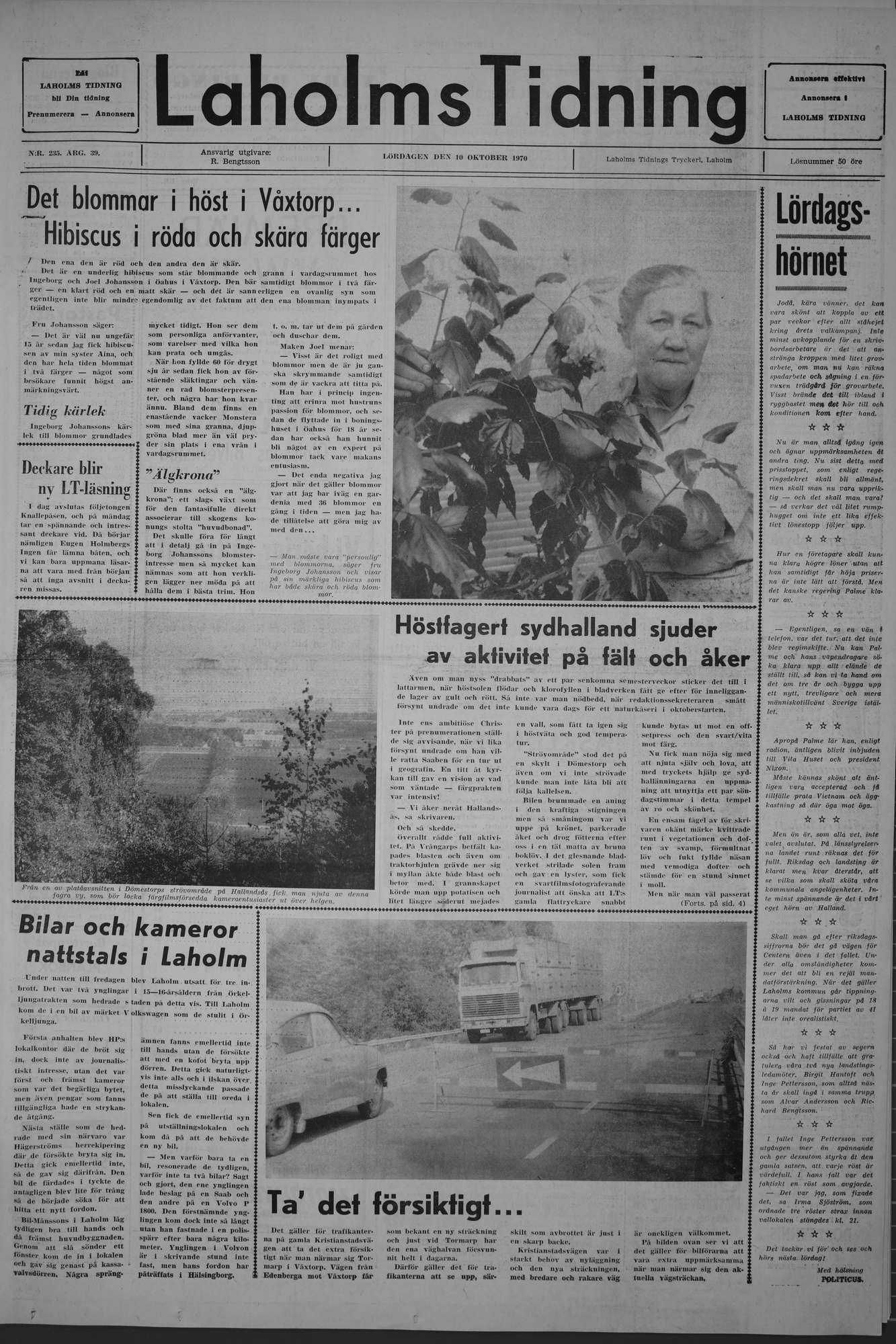 Laholms Tidning Lördag 10 oktober 1970, sida 1