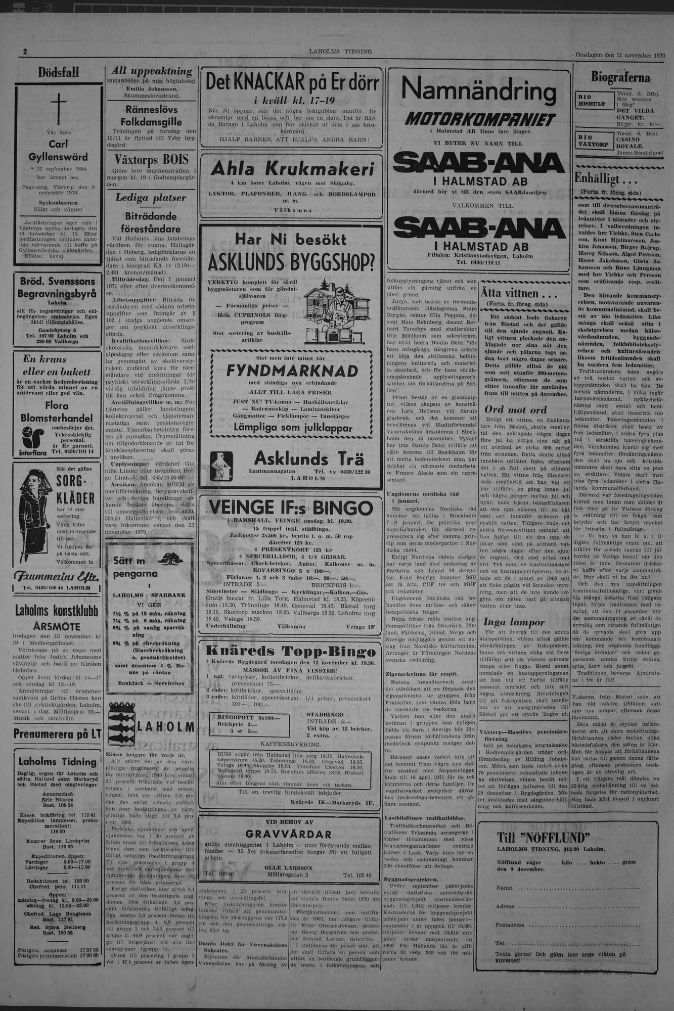 Laholms Tidning Onsdag 11 november 1970, sida 2