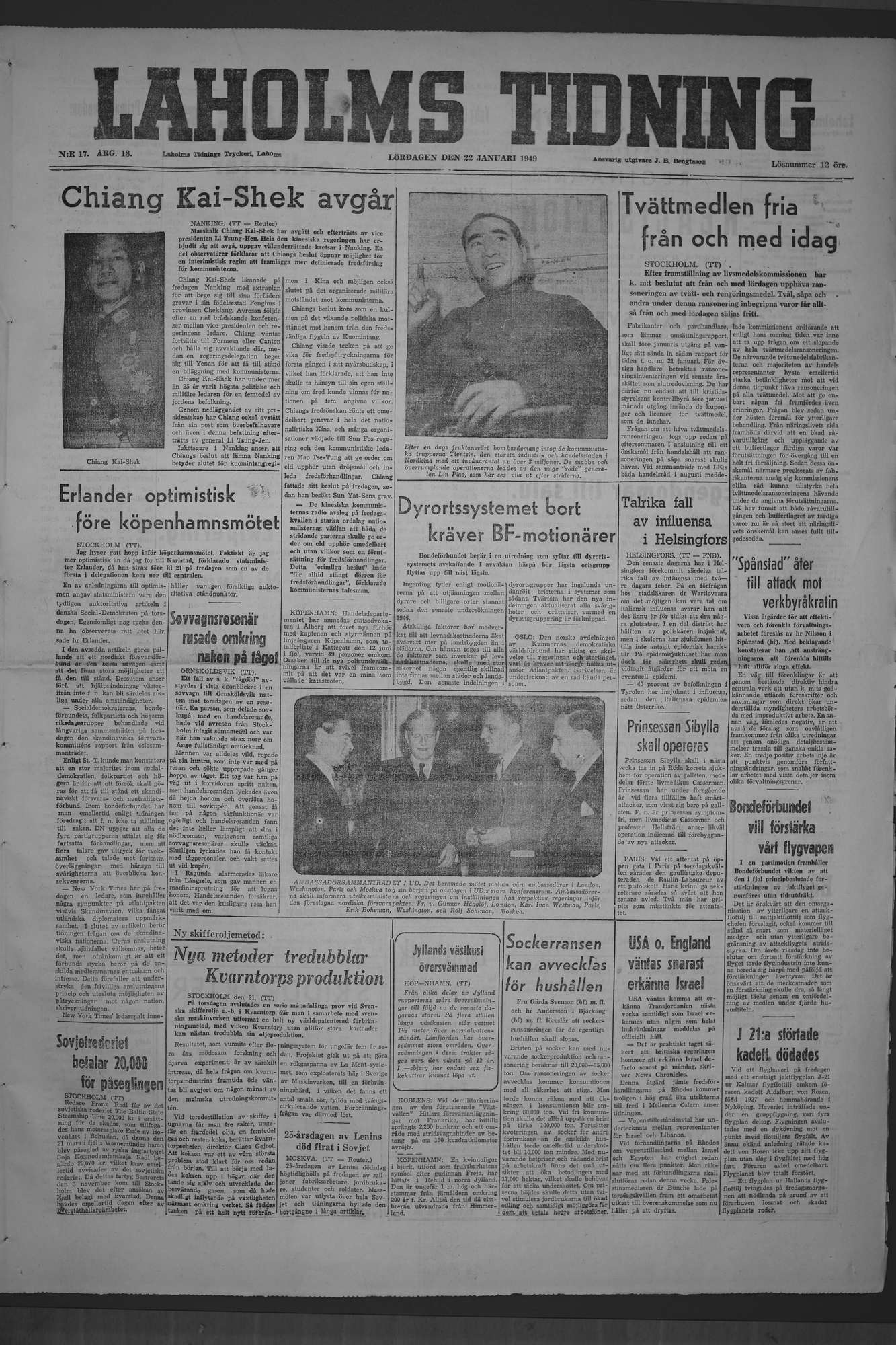 Laholms Tidning Lördag 22 januari 1949, sida 1
