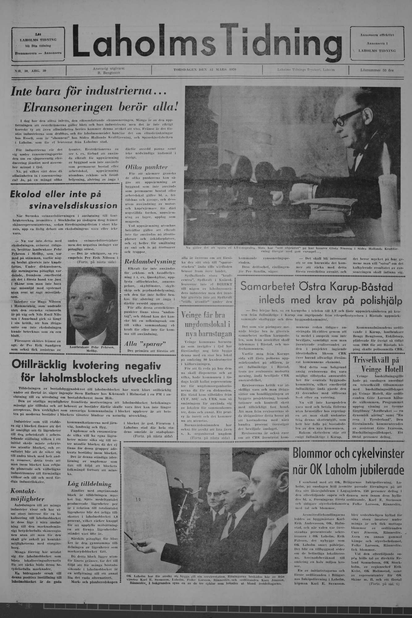 Laholms Tidning Torsdag 12 mars 1970, sida 1