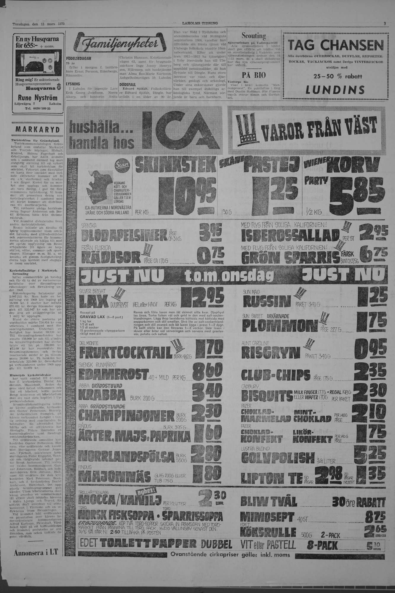 Laholms Tidning Torsdag 12 mars 1970, sida 3