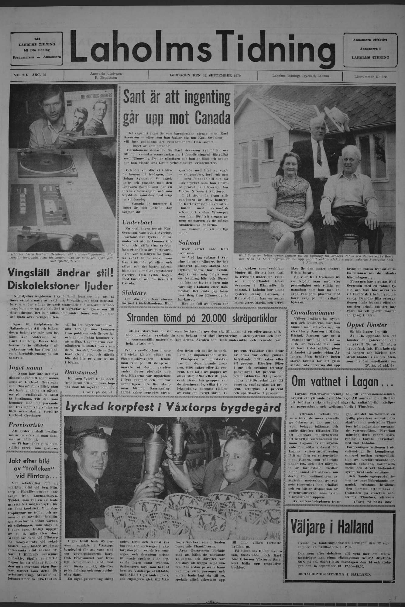 Laholms Tidning Lördag 12 september 1970, sida 1