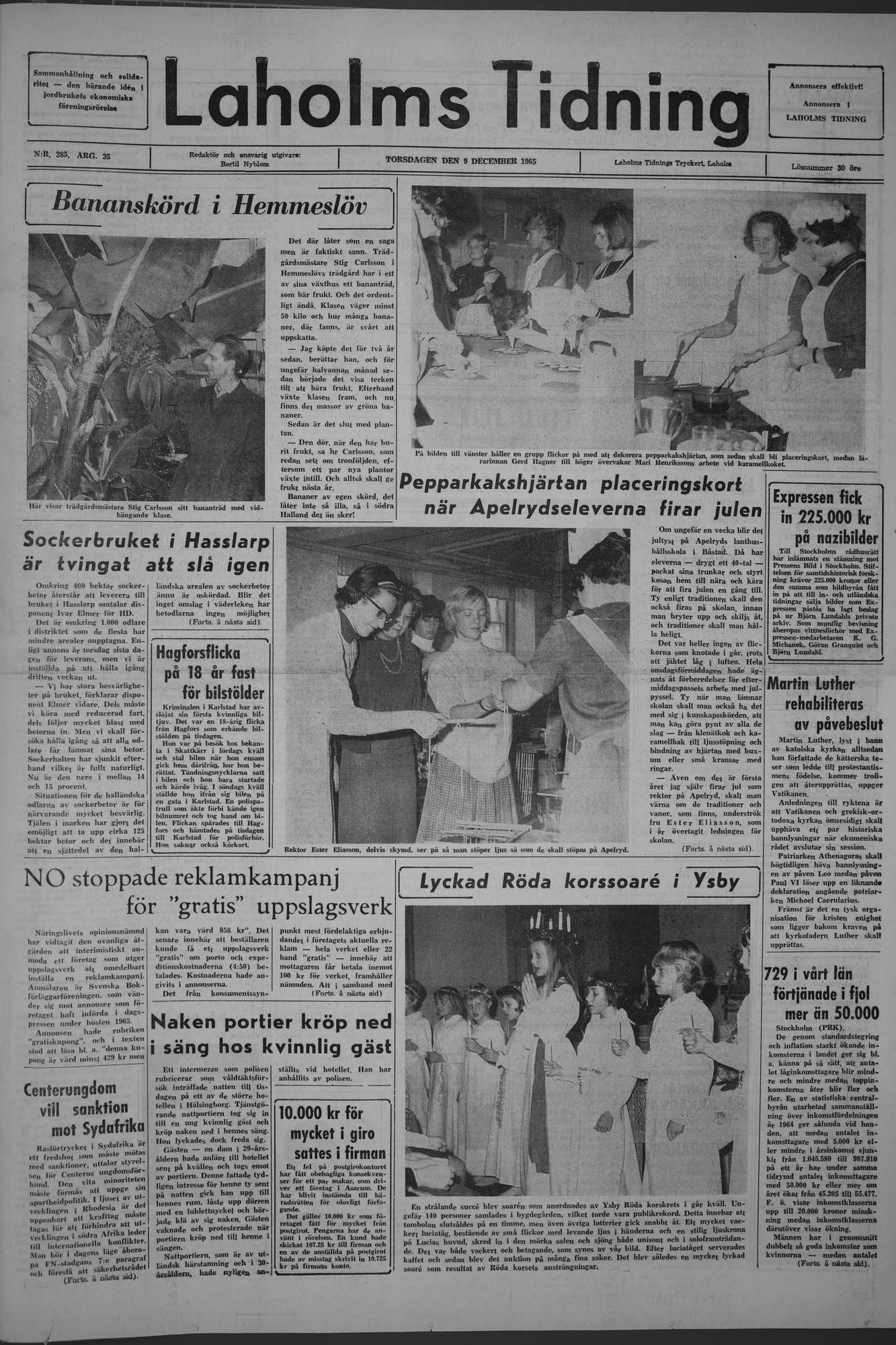 Laholms Tidning Torsdag 9 december 1965, sida 1