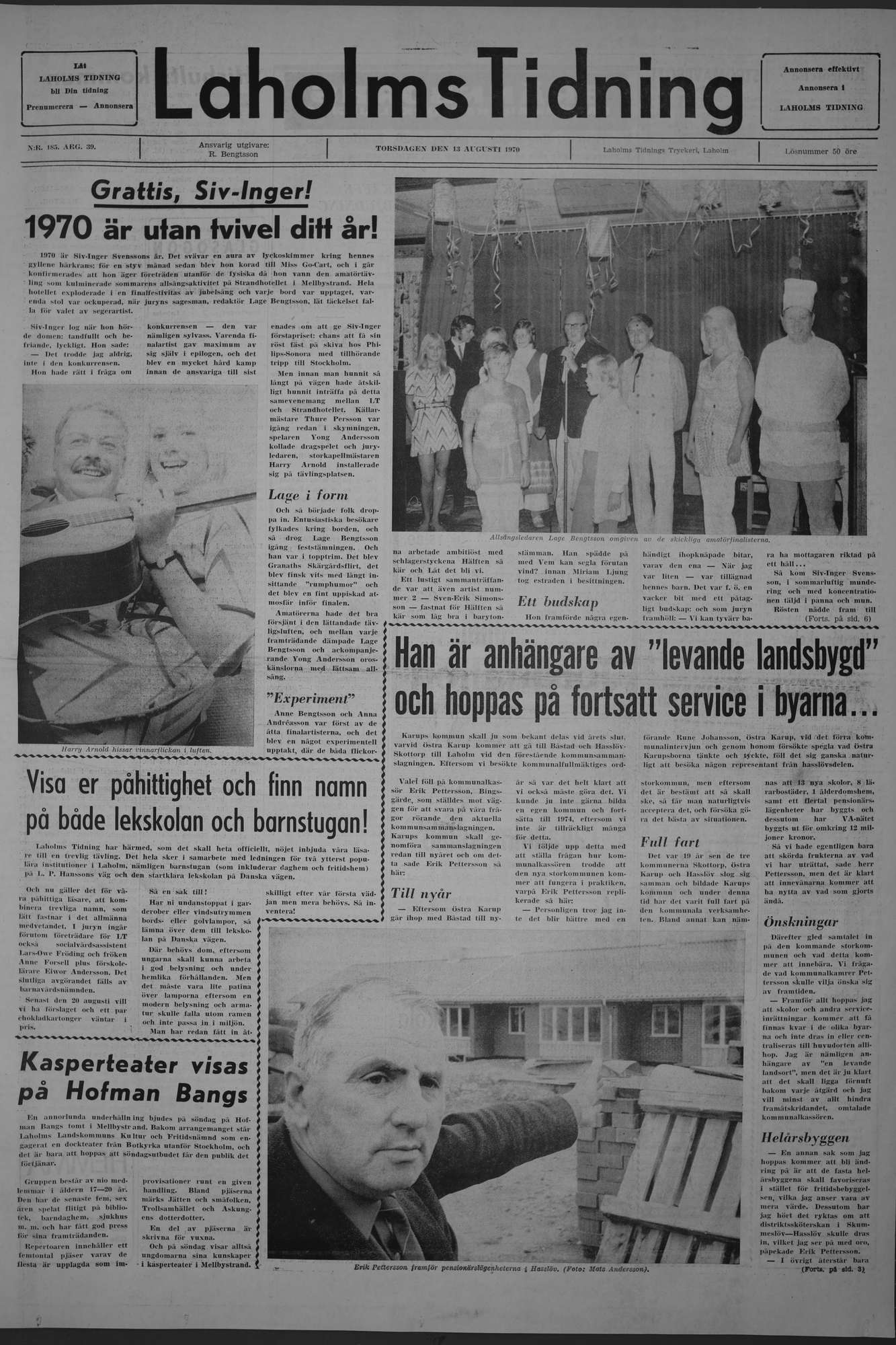 Laholms Tidning Torsdag 13 augusti 1970, sida 1