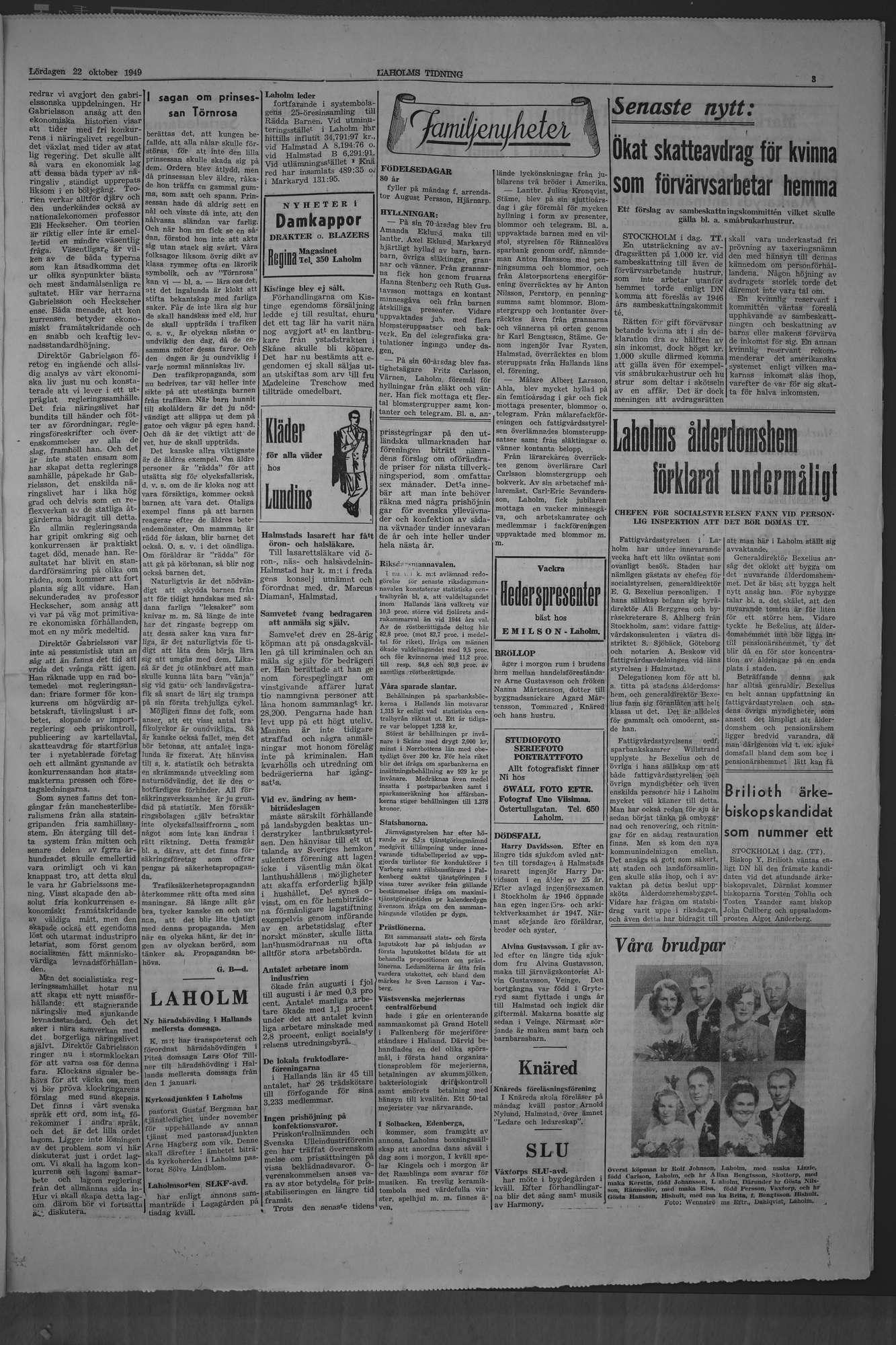 Laholms Tidning Lördag 22 oktober 1949, sida 3