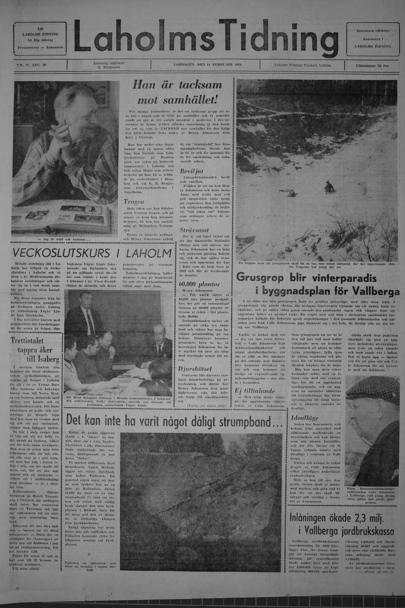 Laholms Tidning Lördag 14 februari 1970, sida 1