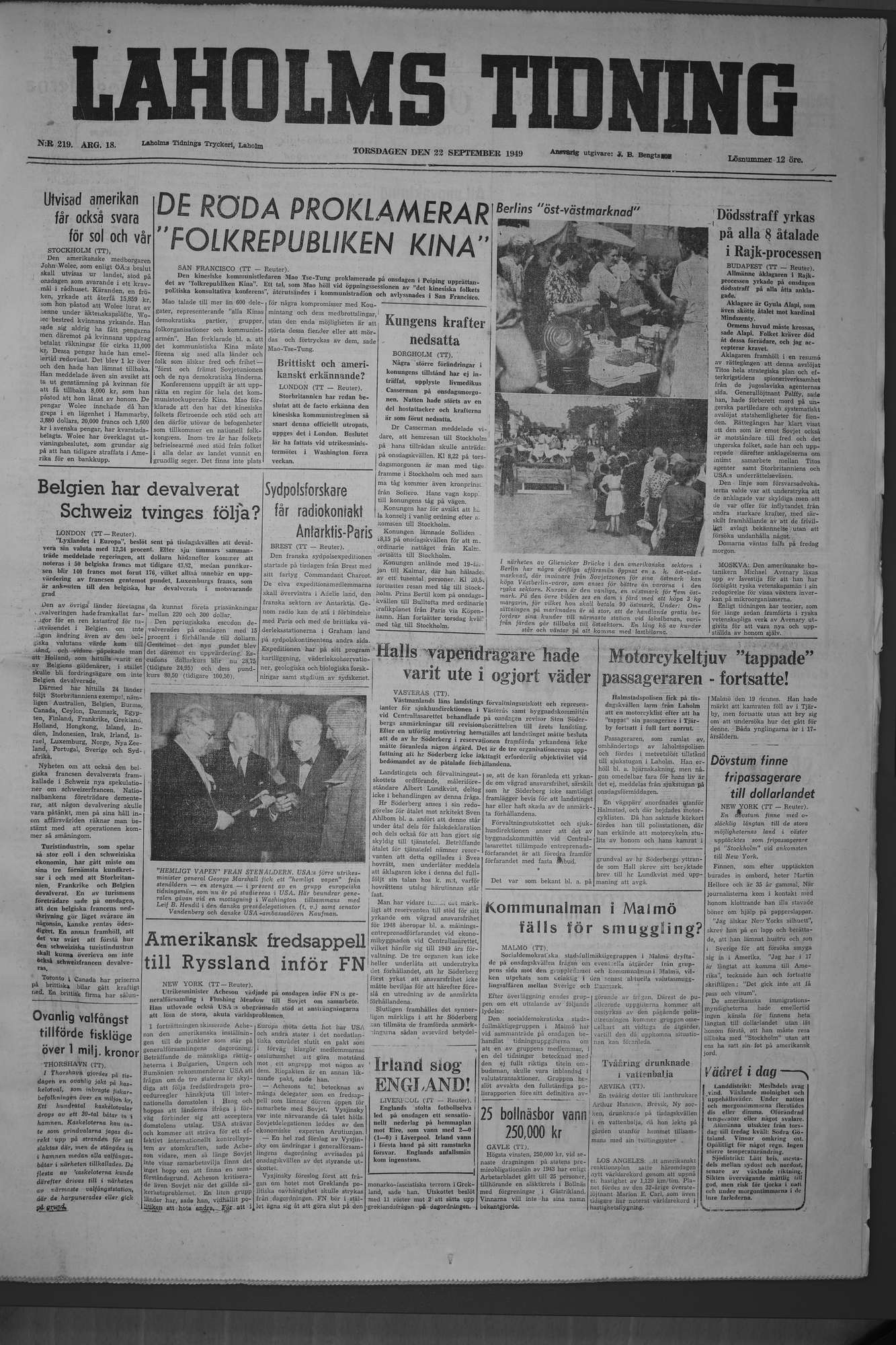 Laholms Tidning Torsdag 22 september 1949, sida 1