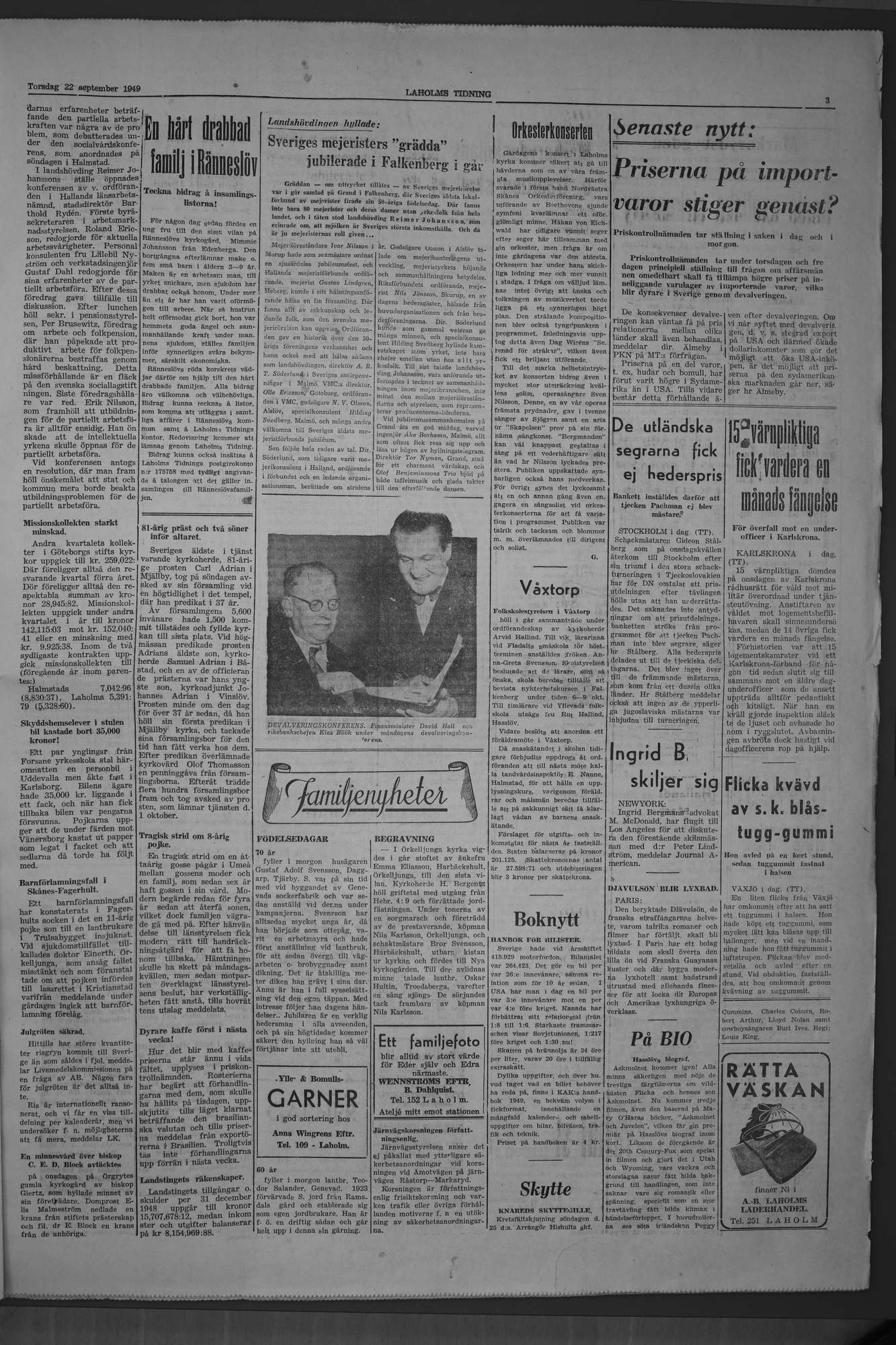 Laholms Tidning Torsdag 22 september 1949, sida 3