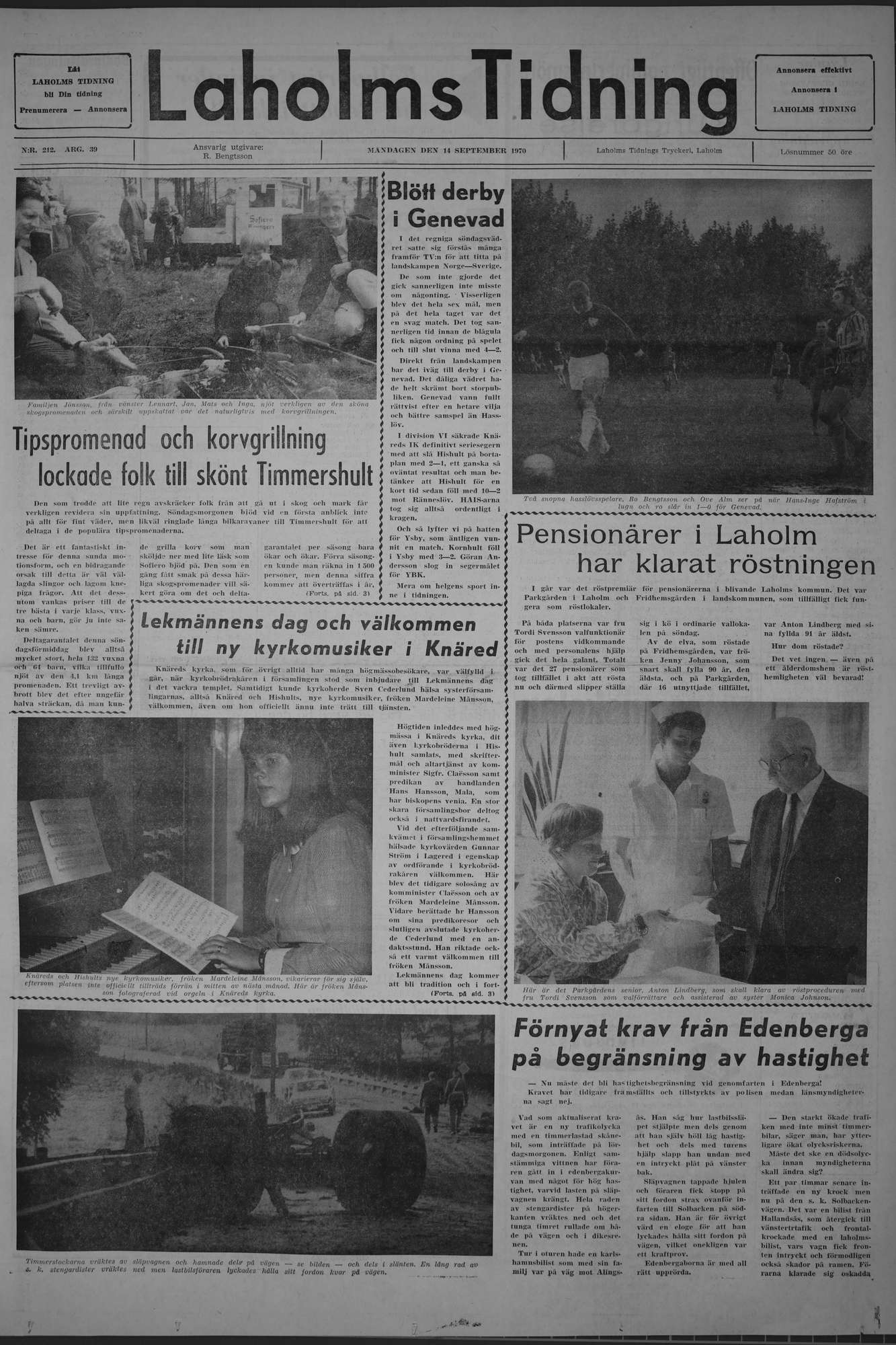 Laholms Tidning Måndag 14 september 1970, sida 1