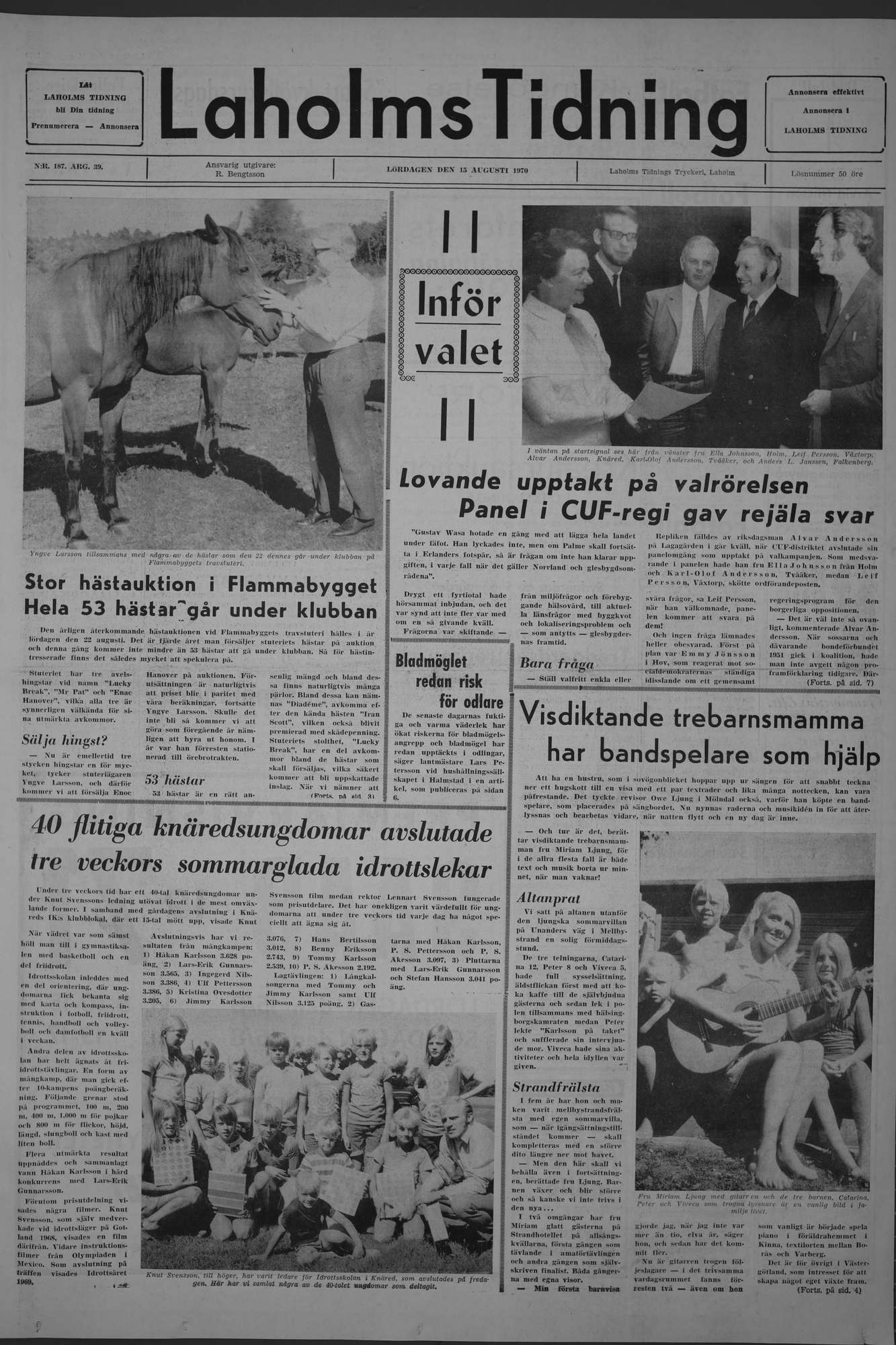 Laholms Tidning Lördag 15 augusti 1970, sida 1