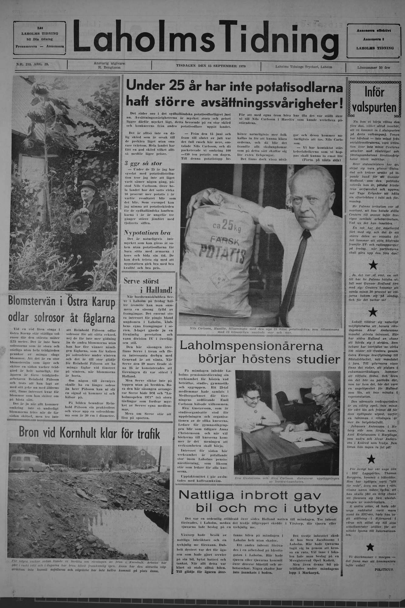 Laholms Tidning Tisdag 15 september 1970, sida 1