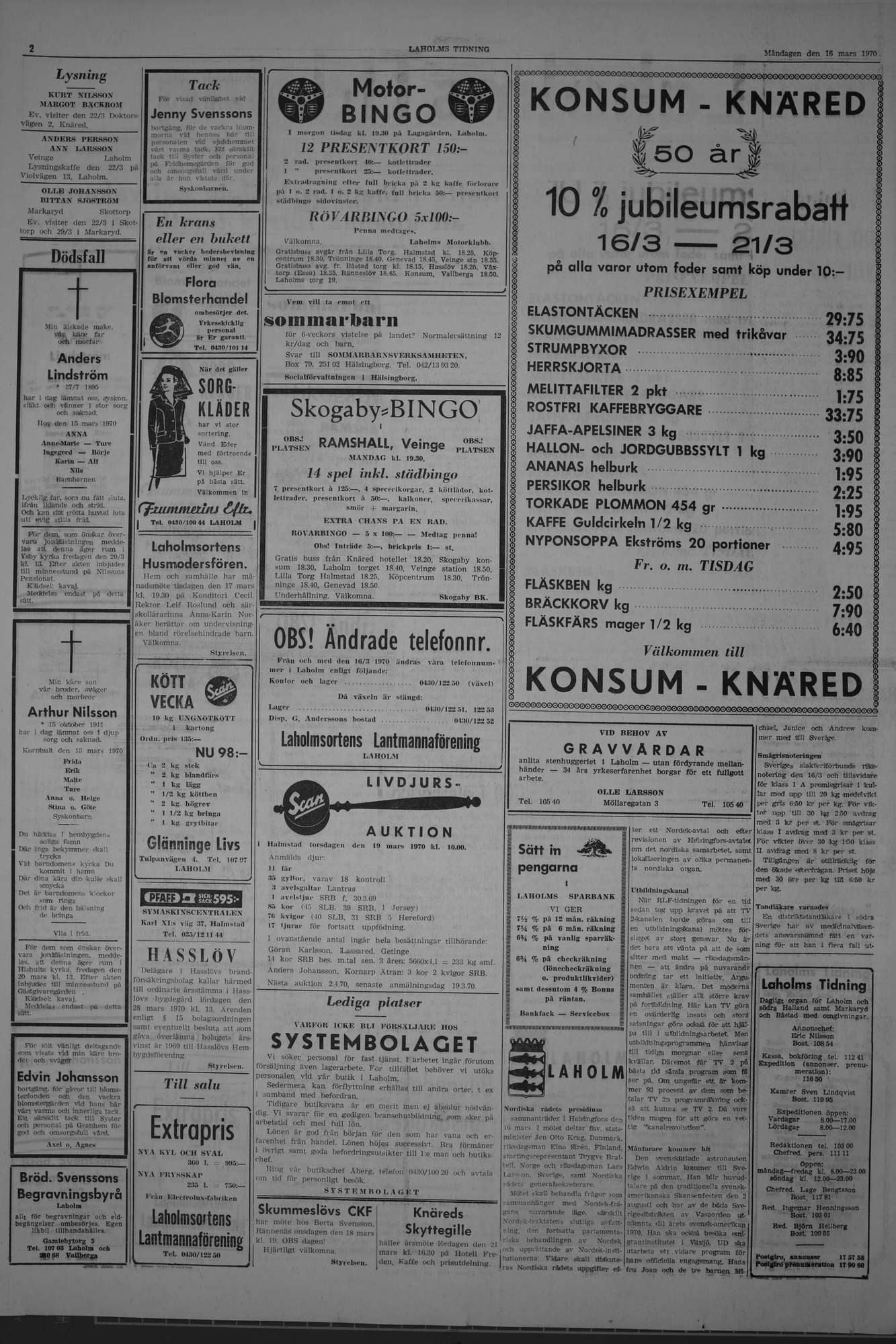 Laholms Tidning Måndag 16 mars 1970, sida 2