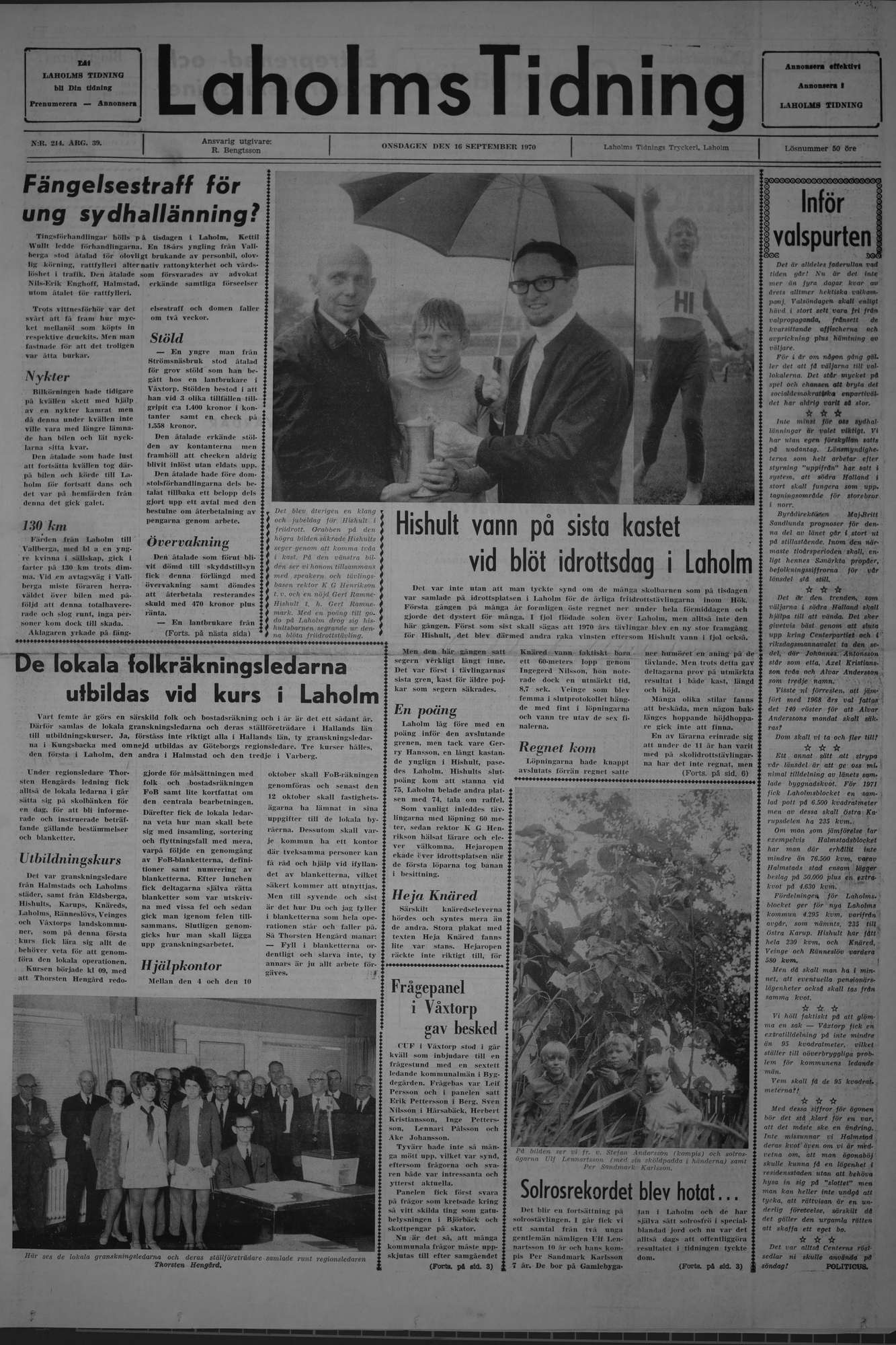 Laholms Tidning Onsdag 16 september 1970, sida 1