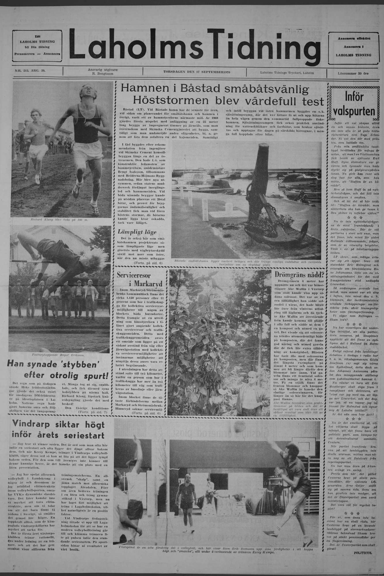 Laholms Tidning Torsdag 17 september 1970, sida 1