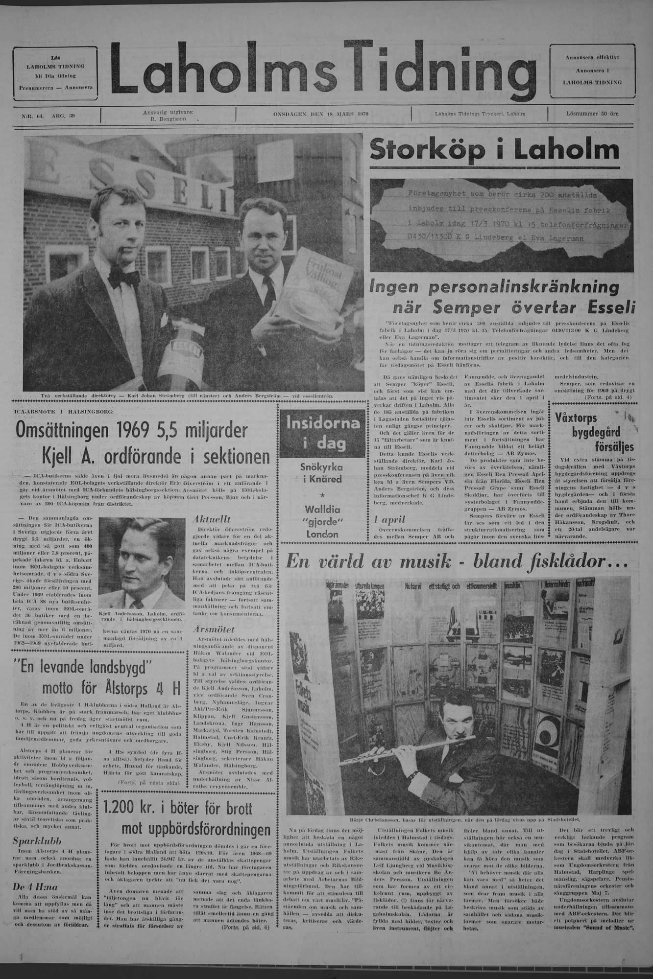 Laholms Tidning Onsdag 18 mars 1970, sida 1