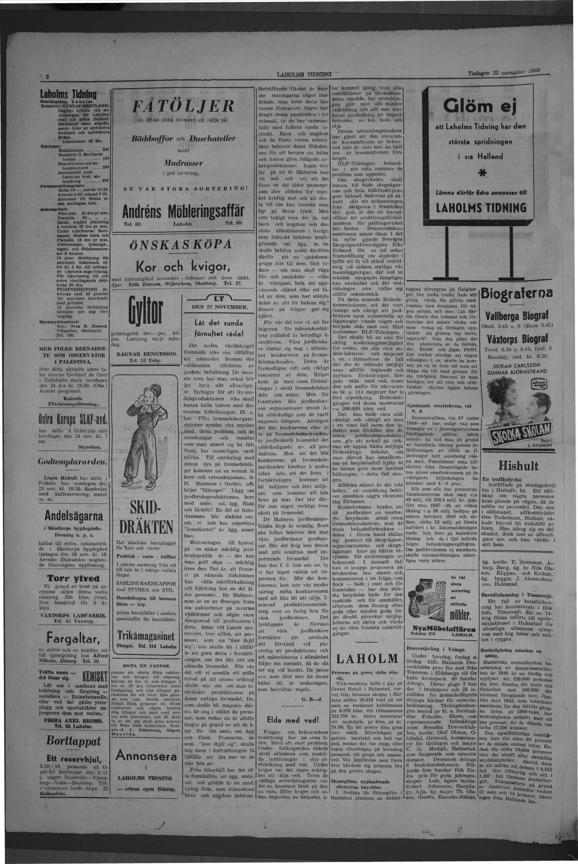 Laholms Tidning Tisdag 22 november 1949, sida 2