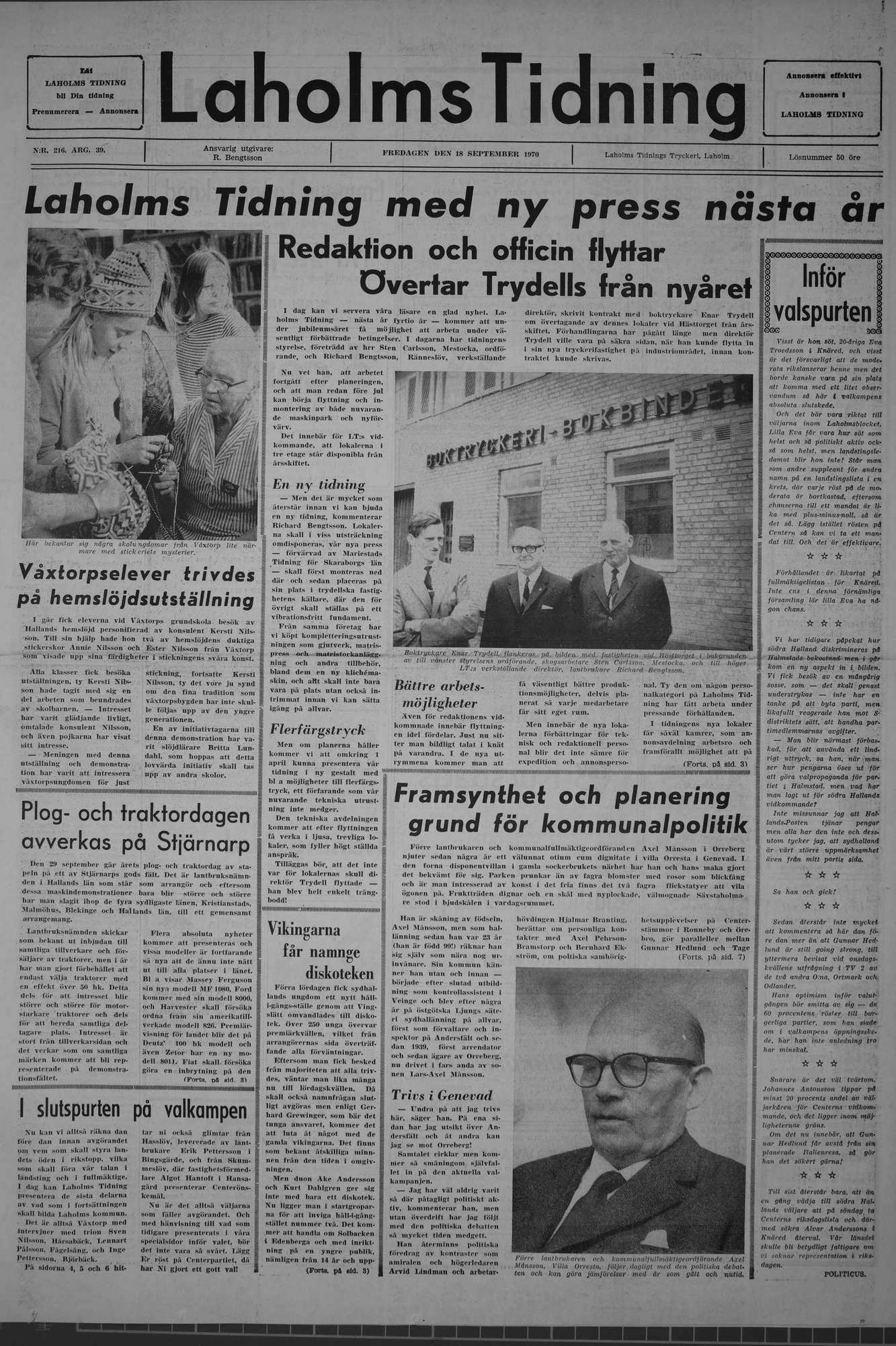Laholms Tidning Fredag 18 september 1970, sida 1