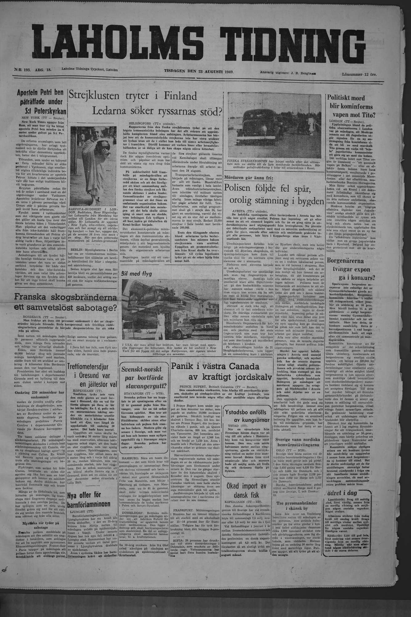 Laholms Tidning Tisdag 23 augusti 1949, sida 1