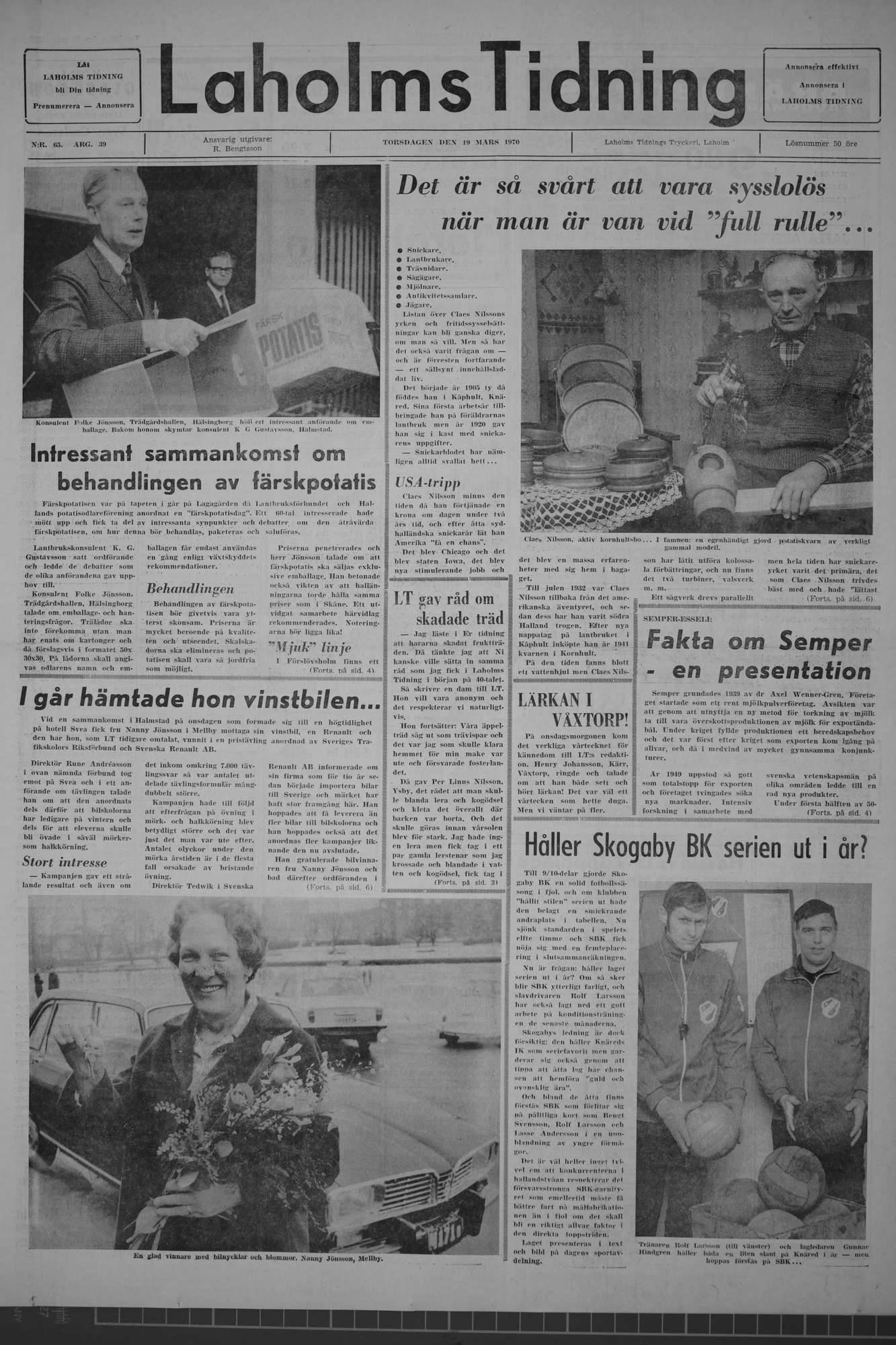 Laholms Tidning Torsdag 19 mars 1970, sida 1