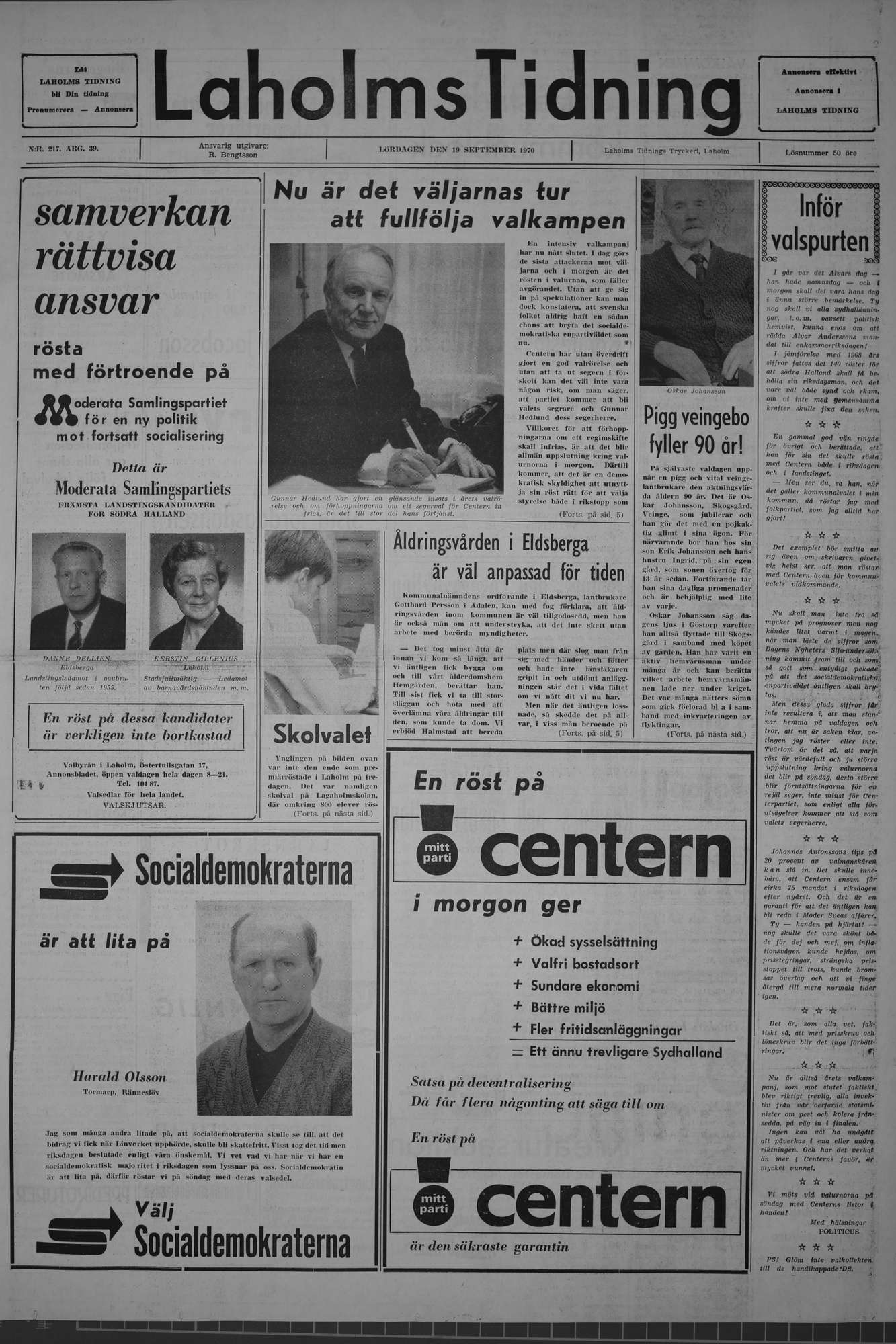 Laholms Tidning Lördag 19 september 1970, sida 1
