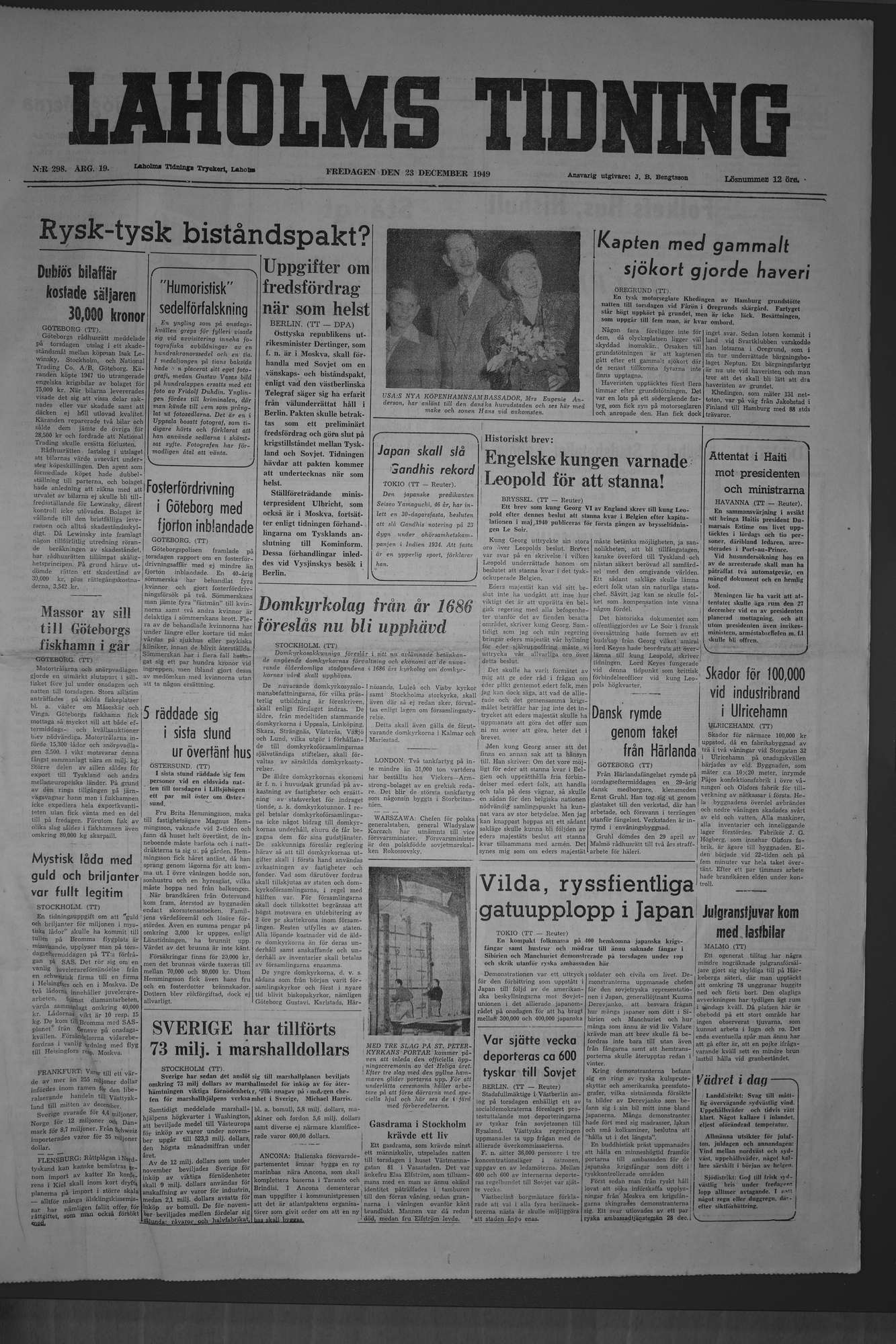 Laholms Tidning Fredag 23 december 1949, sida 1