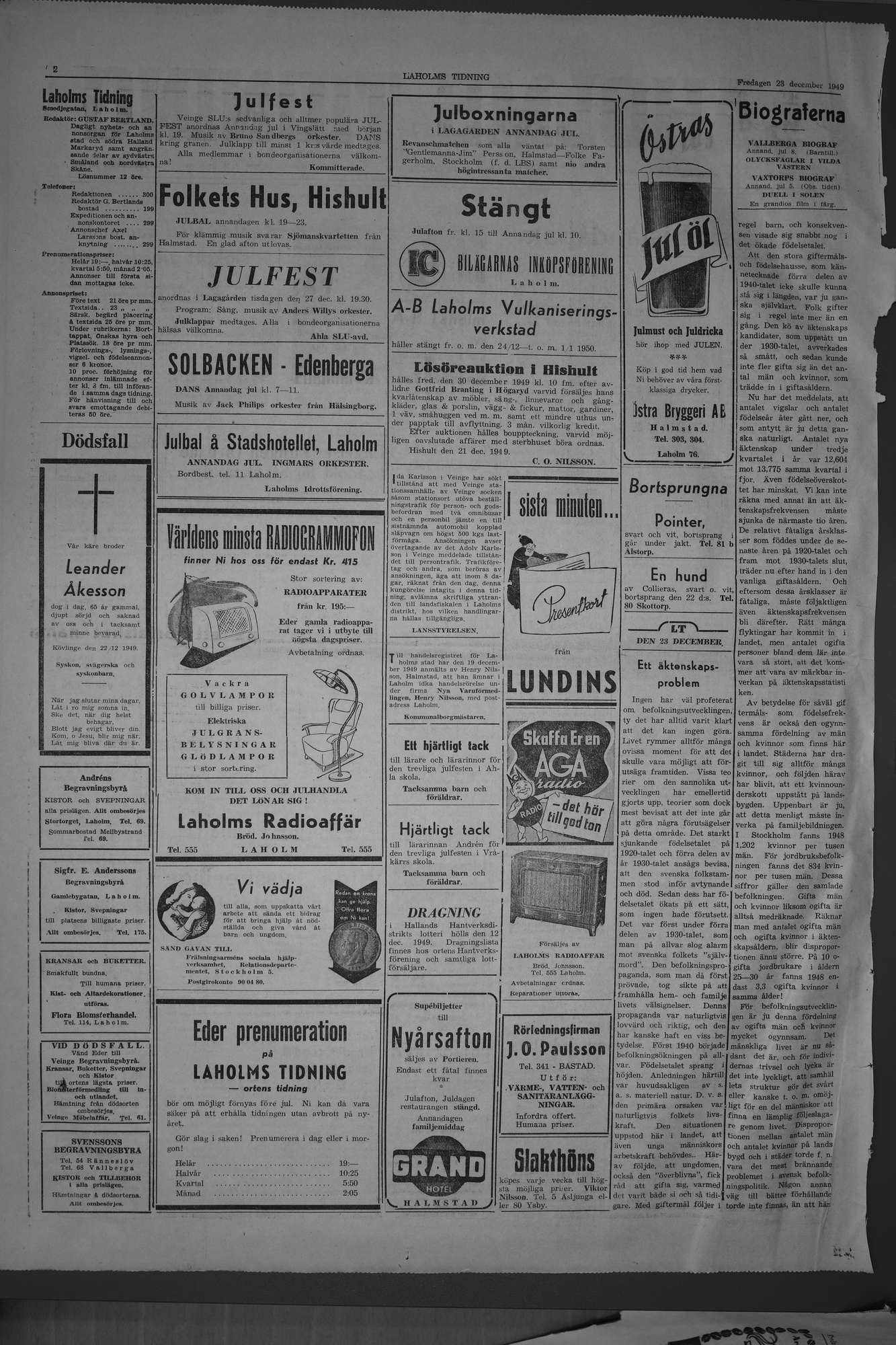 Laholms Tidning Fredag 23 december 1949, sida 2