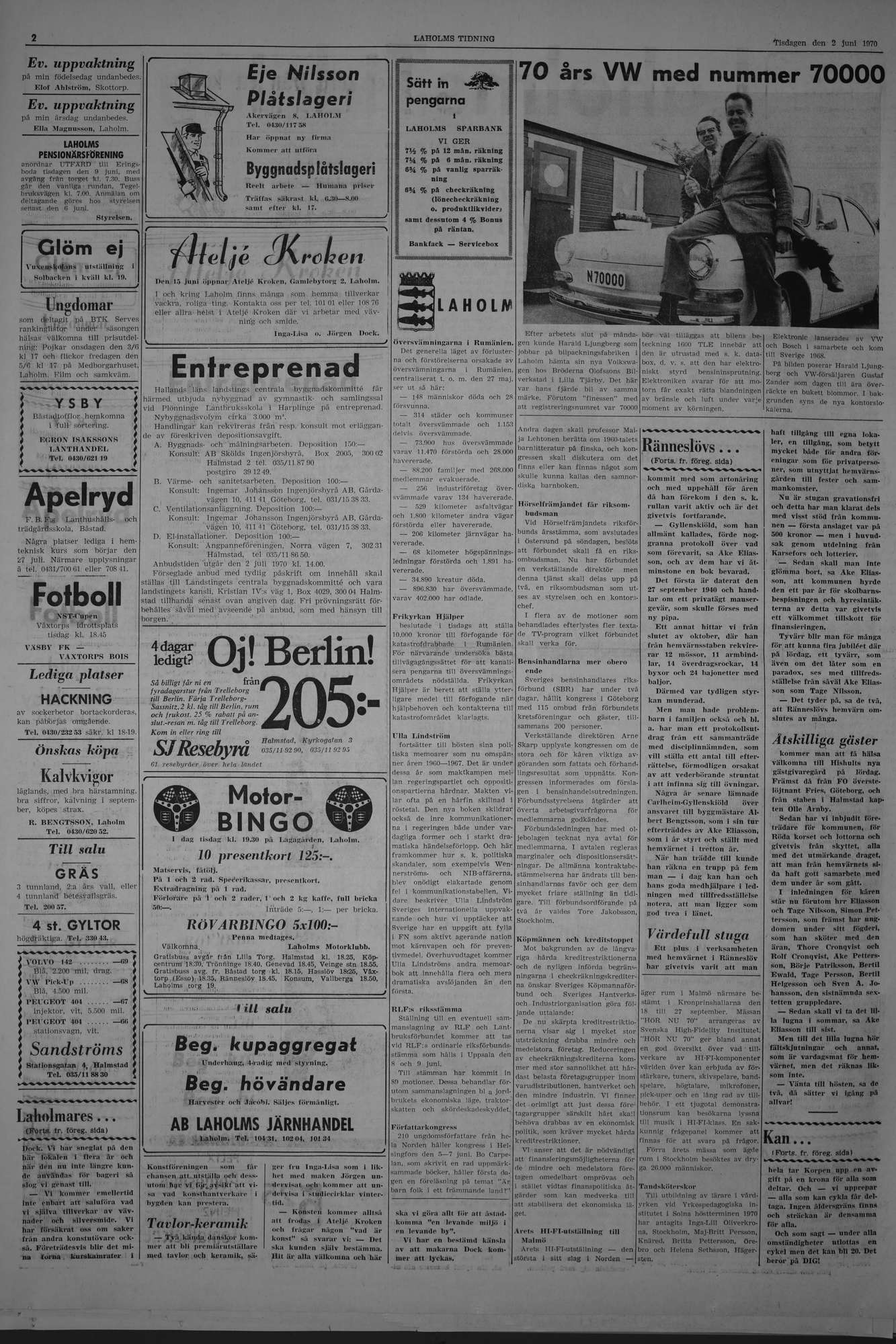 Laholms Tidning Tisdag 2 juni 1970, sida 2