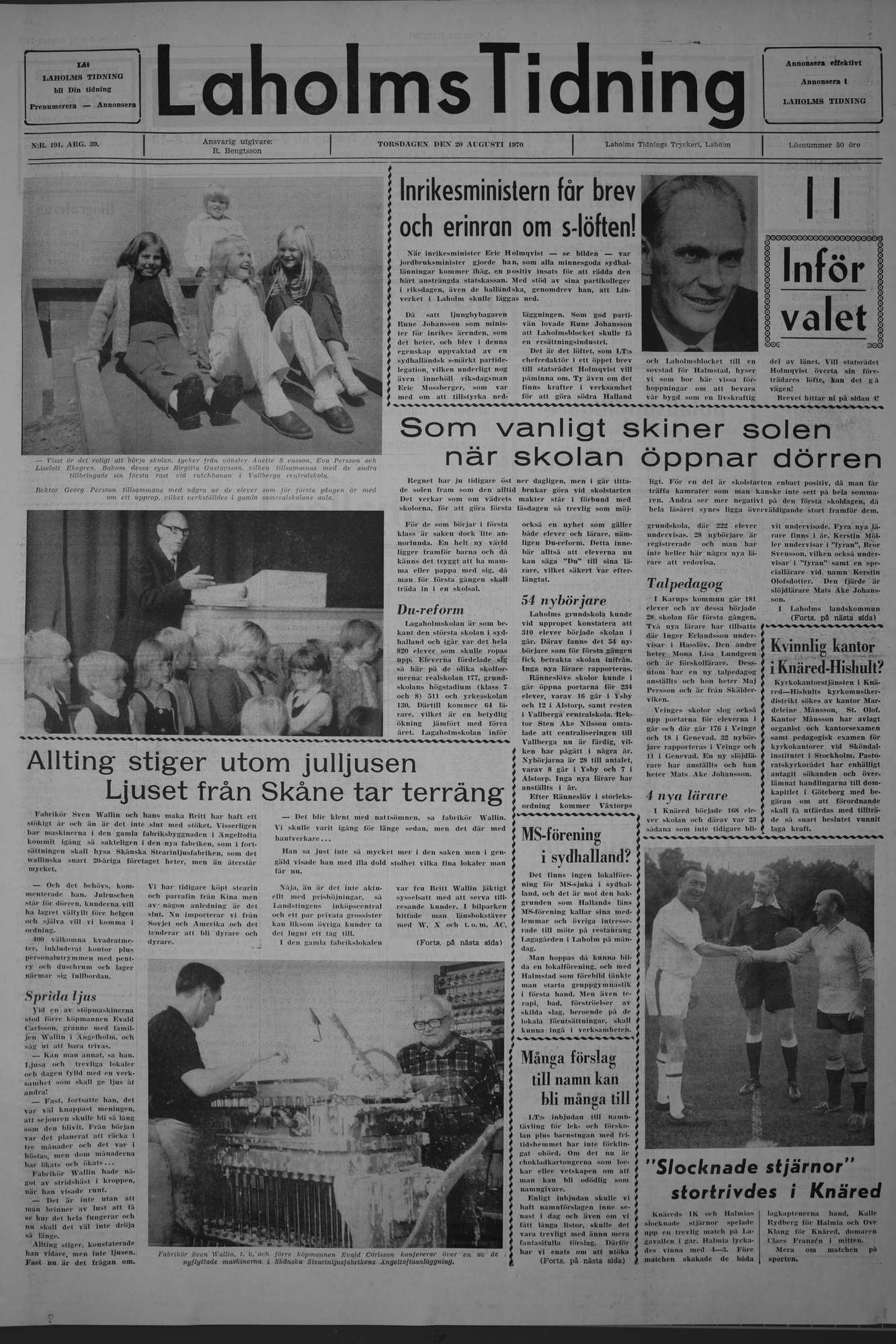 Laholms Tidning Torsdag 20 augusti 1970, sida 1