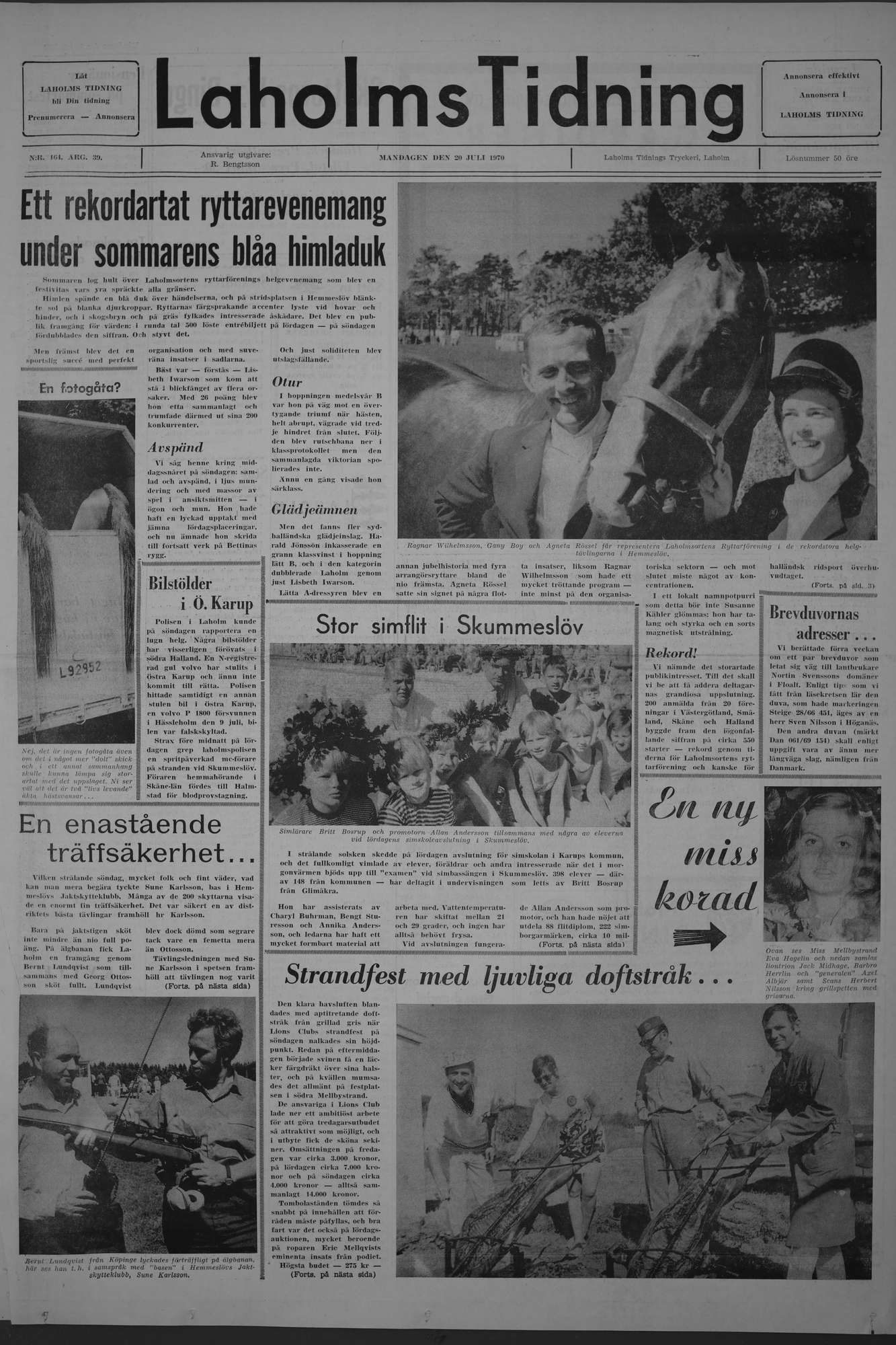 Laholms Tidning Måndag 20 juli 1970, sida 1