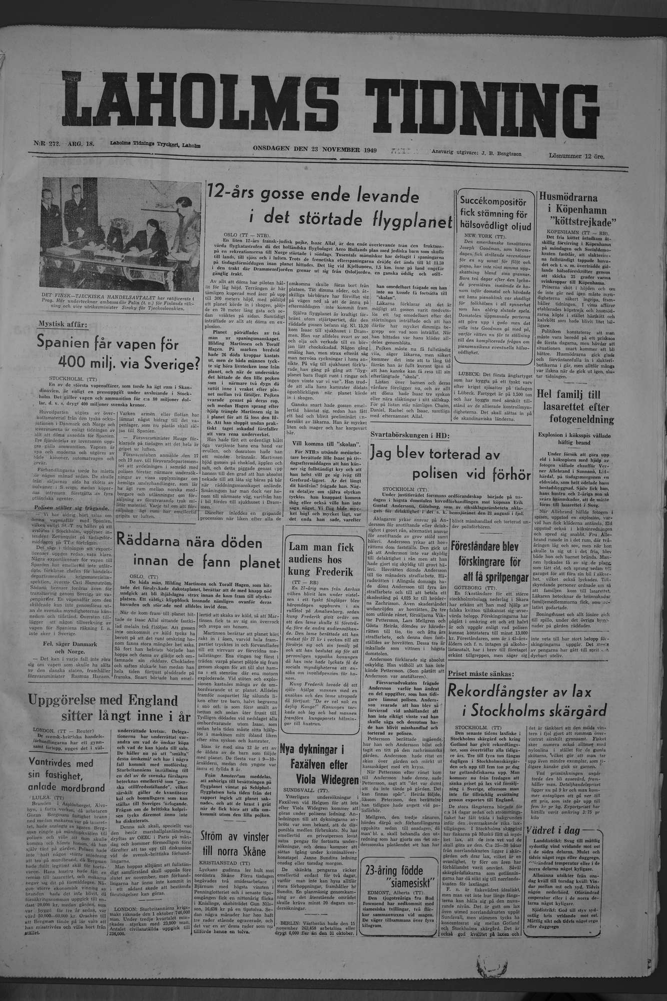 Laholms Tidning Onsdag 23 november 1949, sida 1