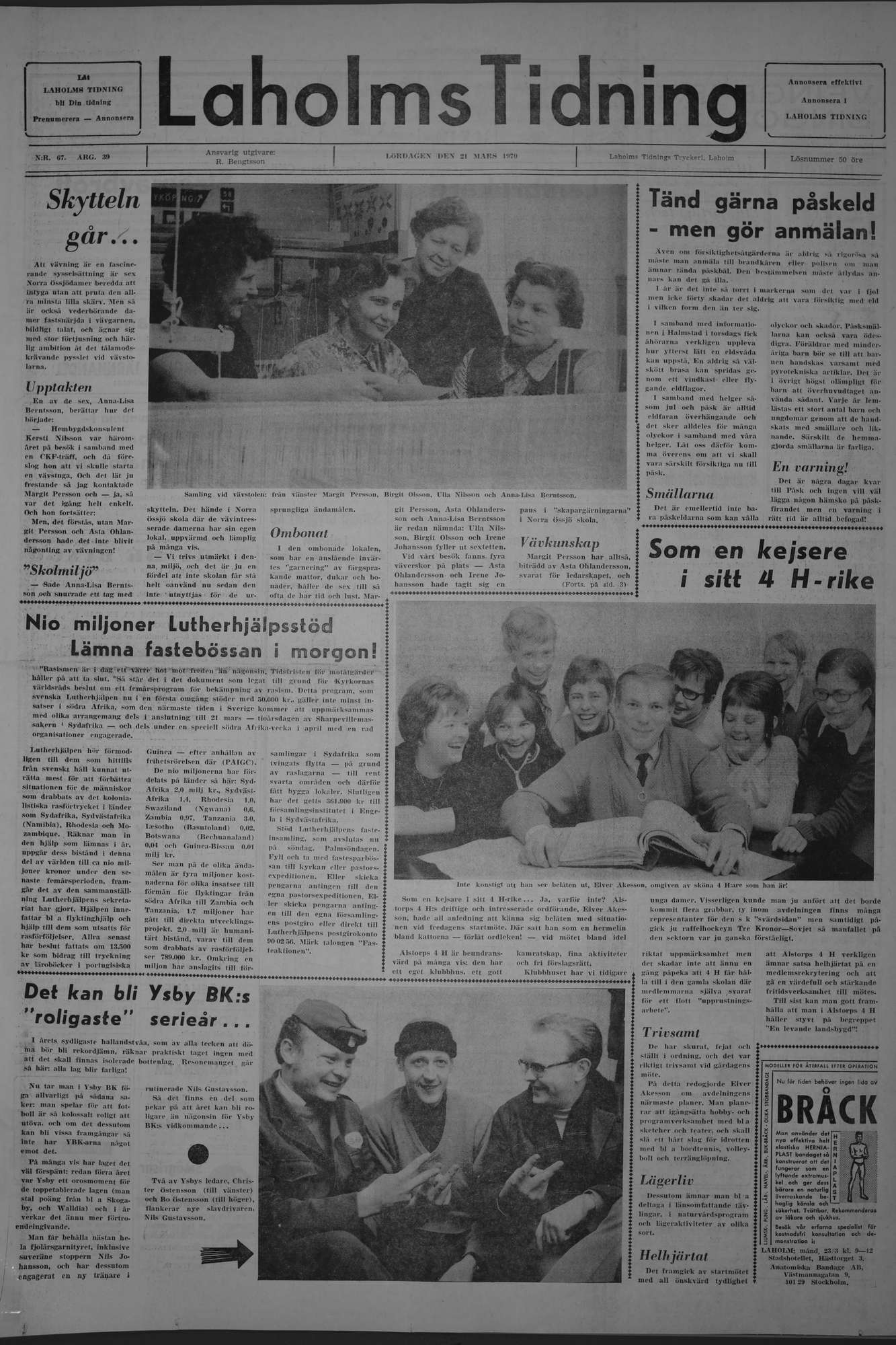 Laholms Tidning Lördag 21 mars 1970, sida 1